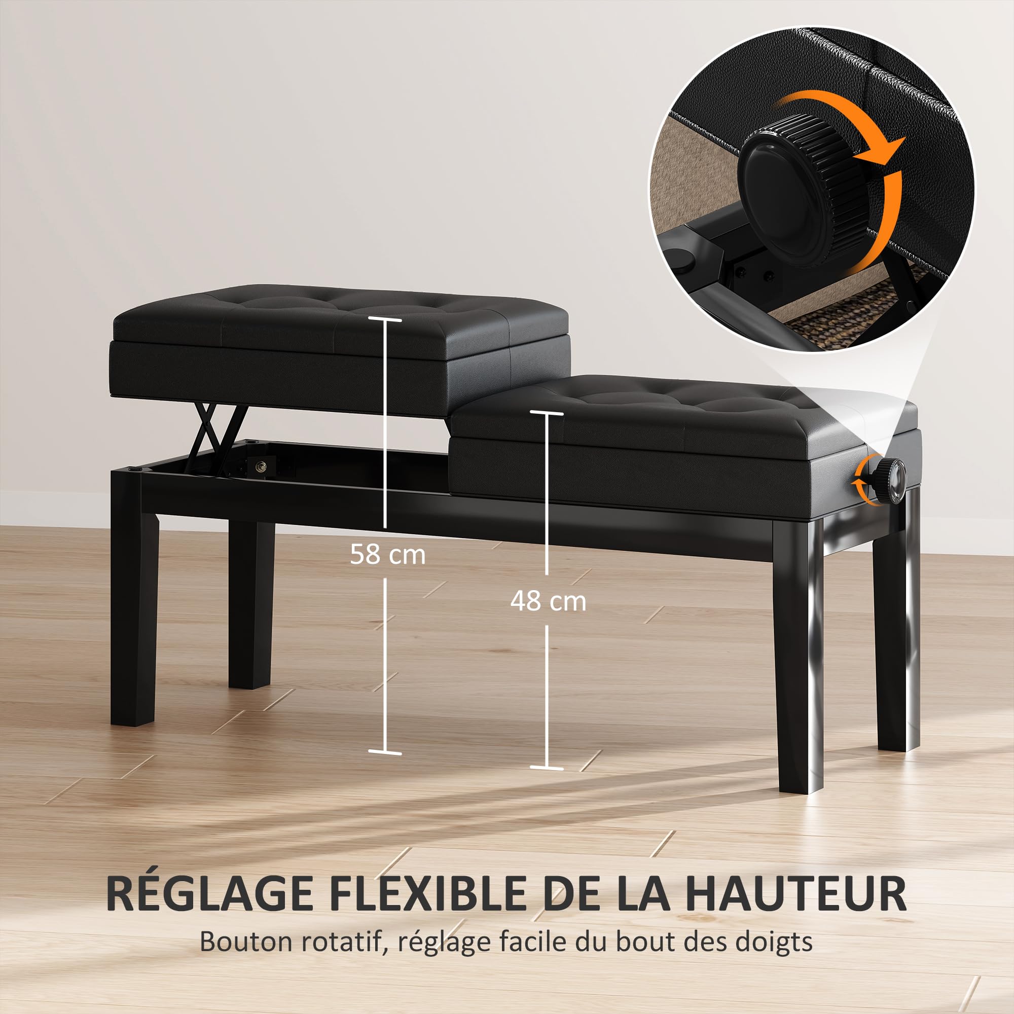 HOMCOM Banc de Piano réglable en Hauteur, Tabouret de Piano avec Rangement, Banquette pour Clavier capitonné, Pieds en Bois d'hévéa, Noir