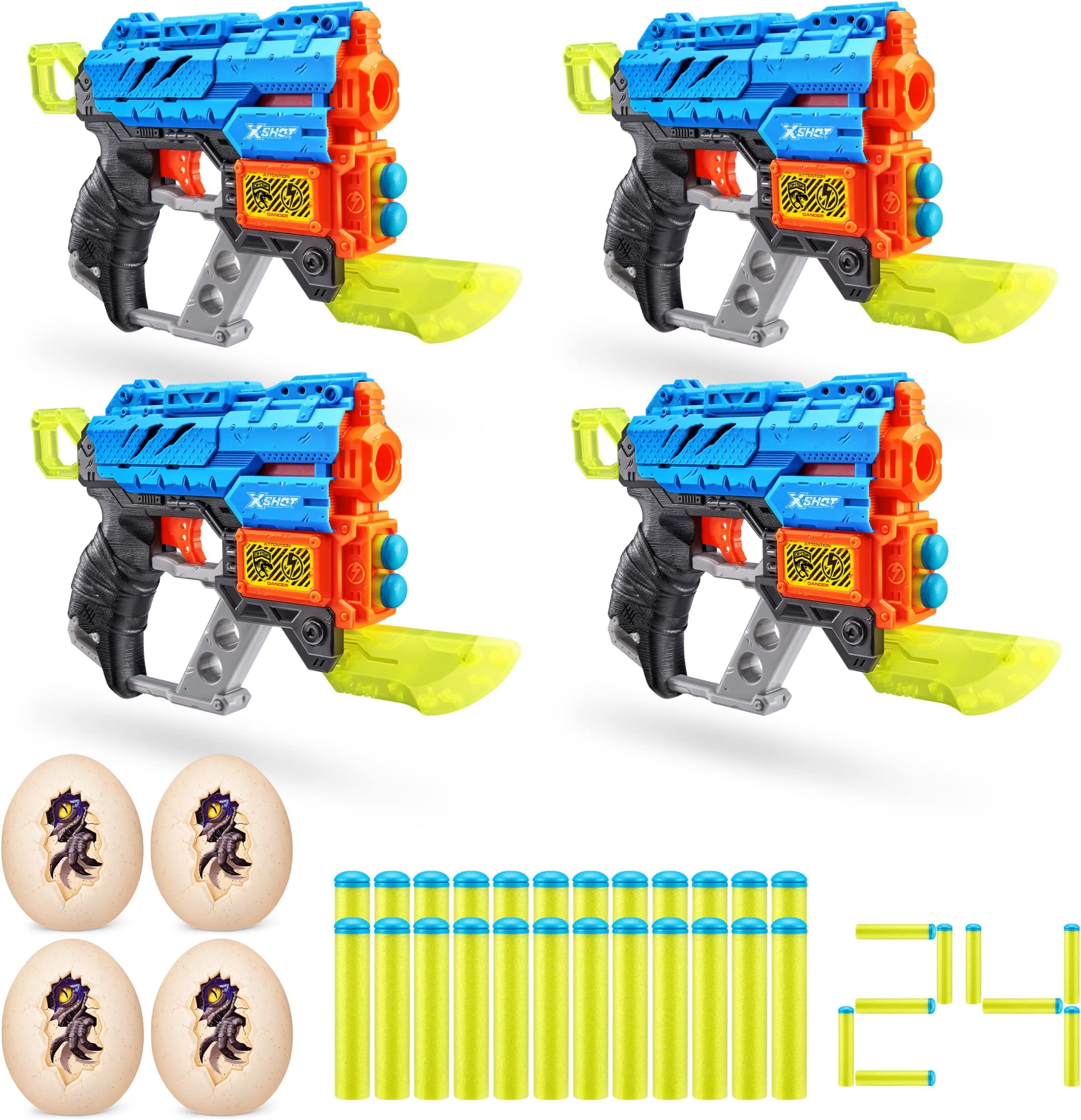 Dino Attack Extinct (4 Pack + 24 Darts + 4 Shooting Targets) by ZURU, XSHOT Blue Foam Dart Blaster, Toy Blaster, Dinosaur Design Toys for Boys, Kids, Teens (Blue)