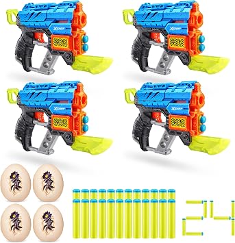 XSHOT Dino Attack Dino Extinct 4 Pack 4 Blaster, 4 Small Egg, 24 Darts by ZURU