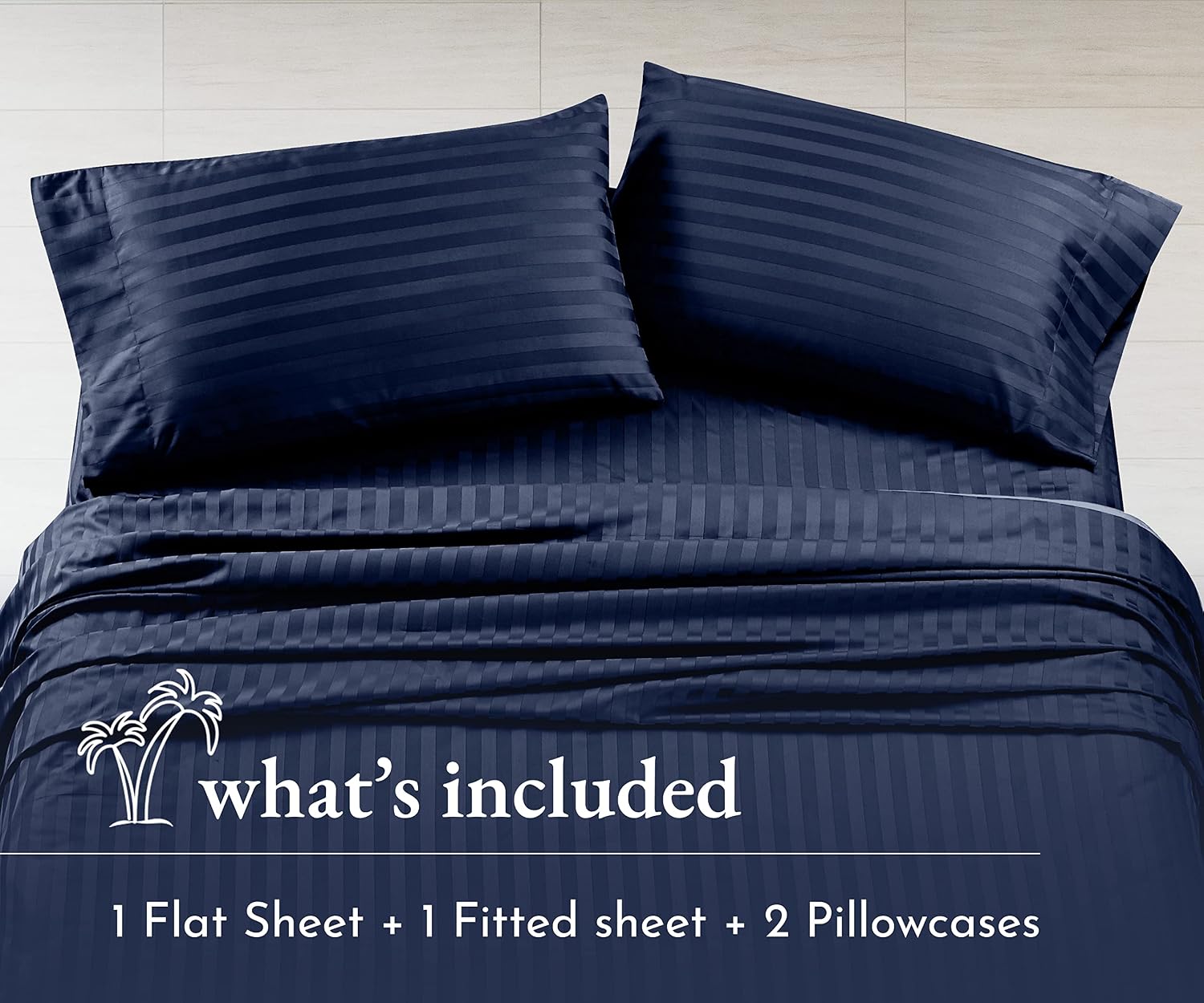 California Design Den - Full Size Sheets Set, Soft 100% Cotton Cooling Sheets Deep Pockets Snug Fit Elastic, 500 Thread Count, 4-Pc Set, Damask Stripe Bedding Sheets (Stripe - Navy Blue)