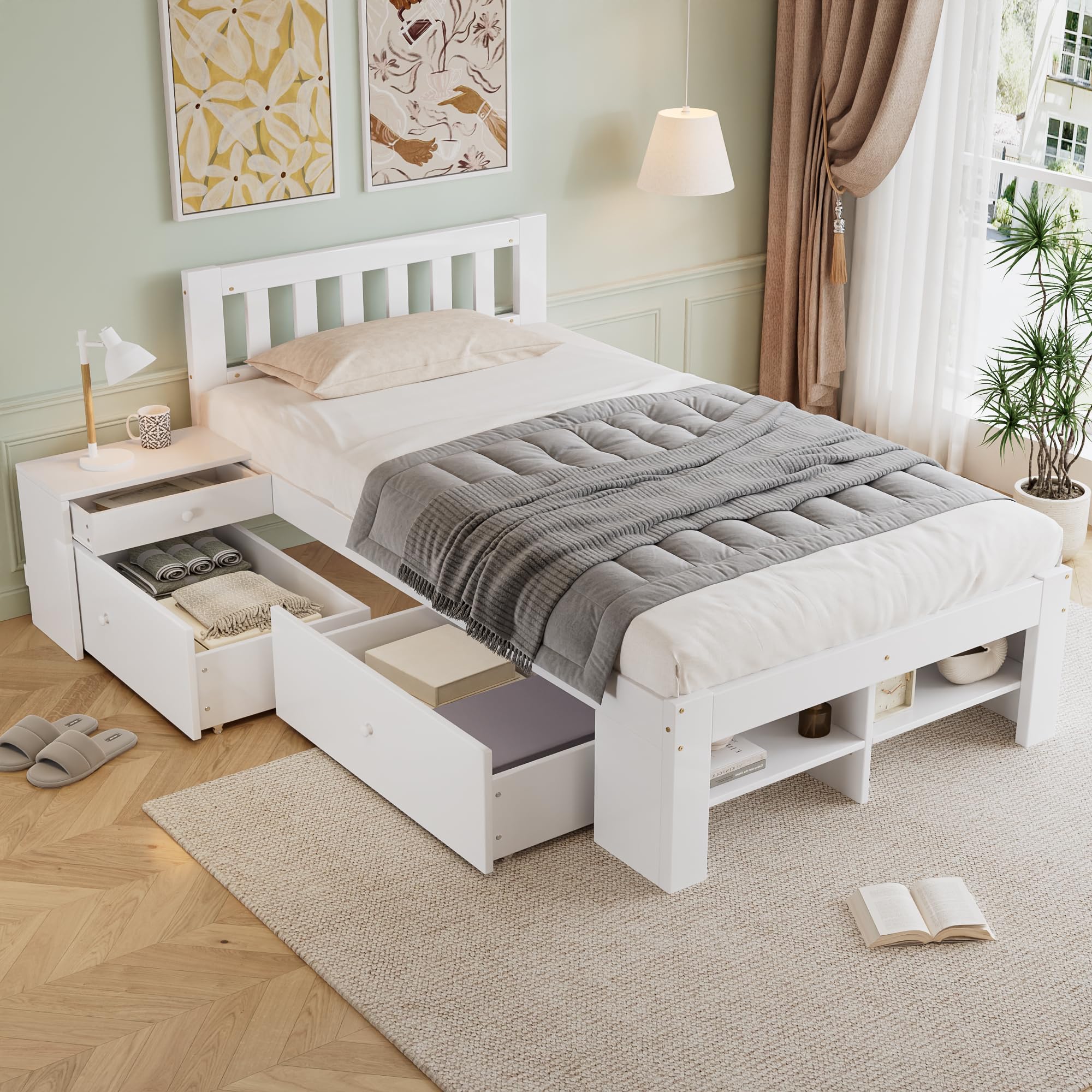 Merax Single Bed Frame with Storage, 3FT Wooden Storage Bed with Bedside Table&2 Drawers&Under-Bed Storage, Wood Slat Support, for Adults, Kids, Teenagers, White, 90x190 cm