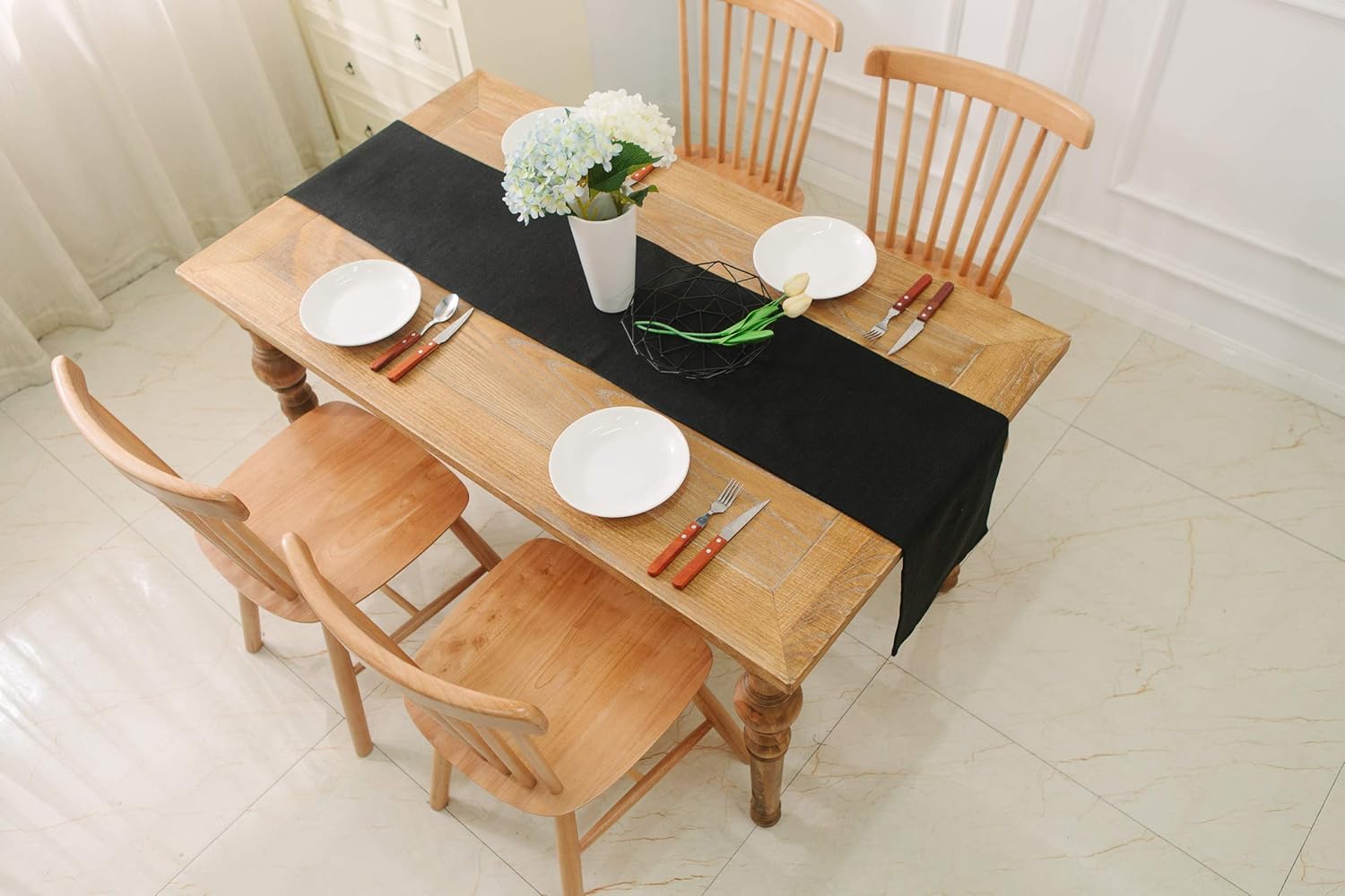 2 Piece Fabric in 1 Dinning Table Runner 12 x 120 Inches Farmhouse Kitchen Coffee Burlap Table Runner for Holiday Party, Black