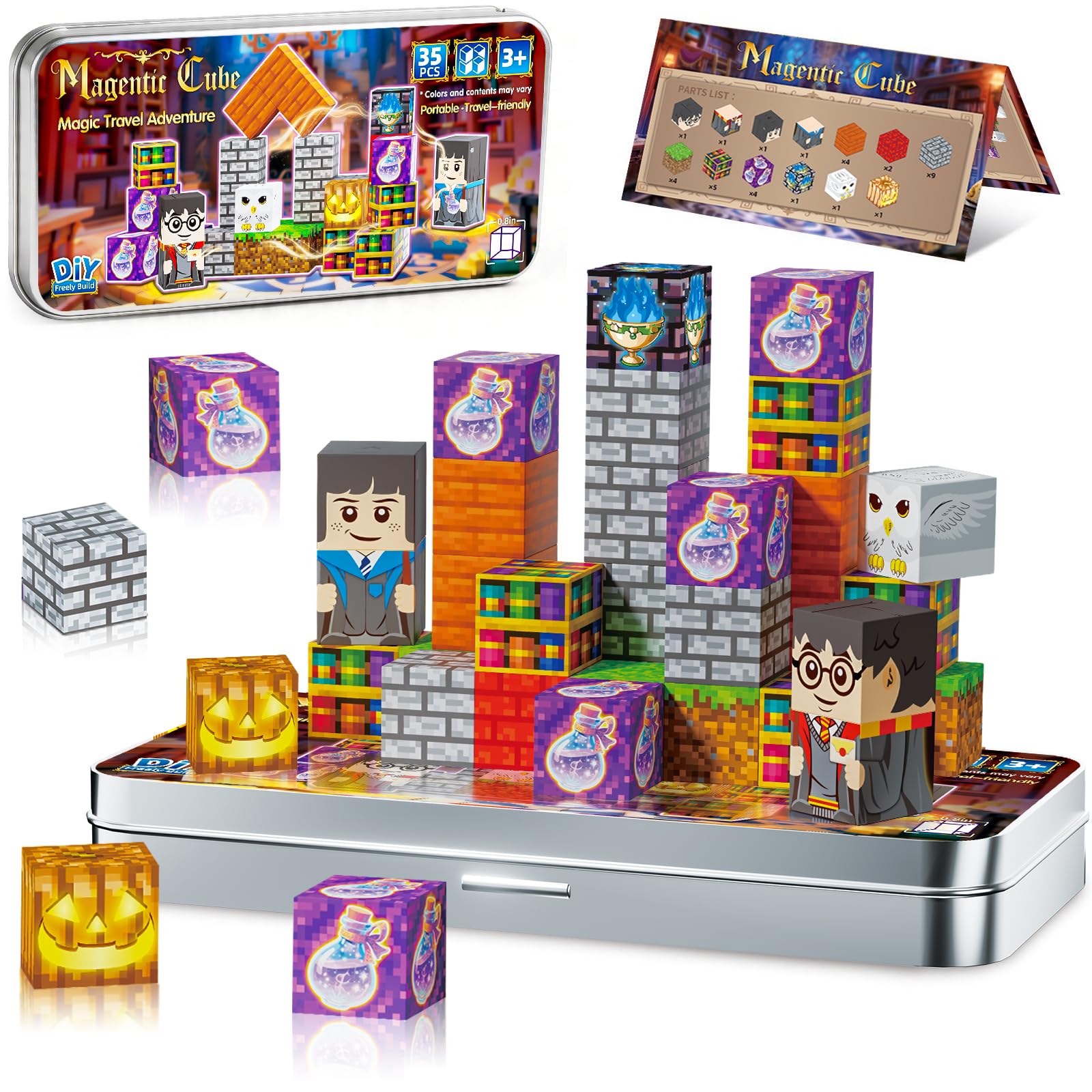 Magnetic Blocks Magic World Travel Toys, 35 PCS Mini Magnetic Building Cubes with Metal Storage Case for Kids Ages 3-8, STEM Montessori Construction Toys for Toddlers, Airplane &amp; Car Ride Essentials
