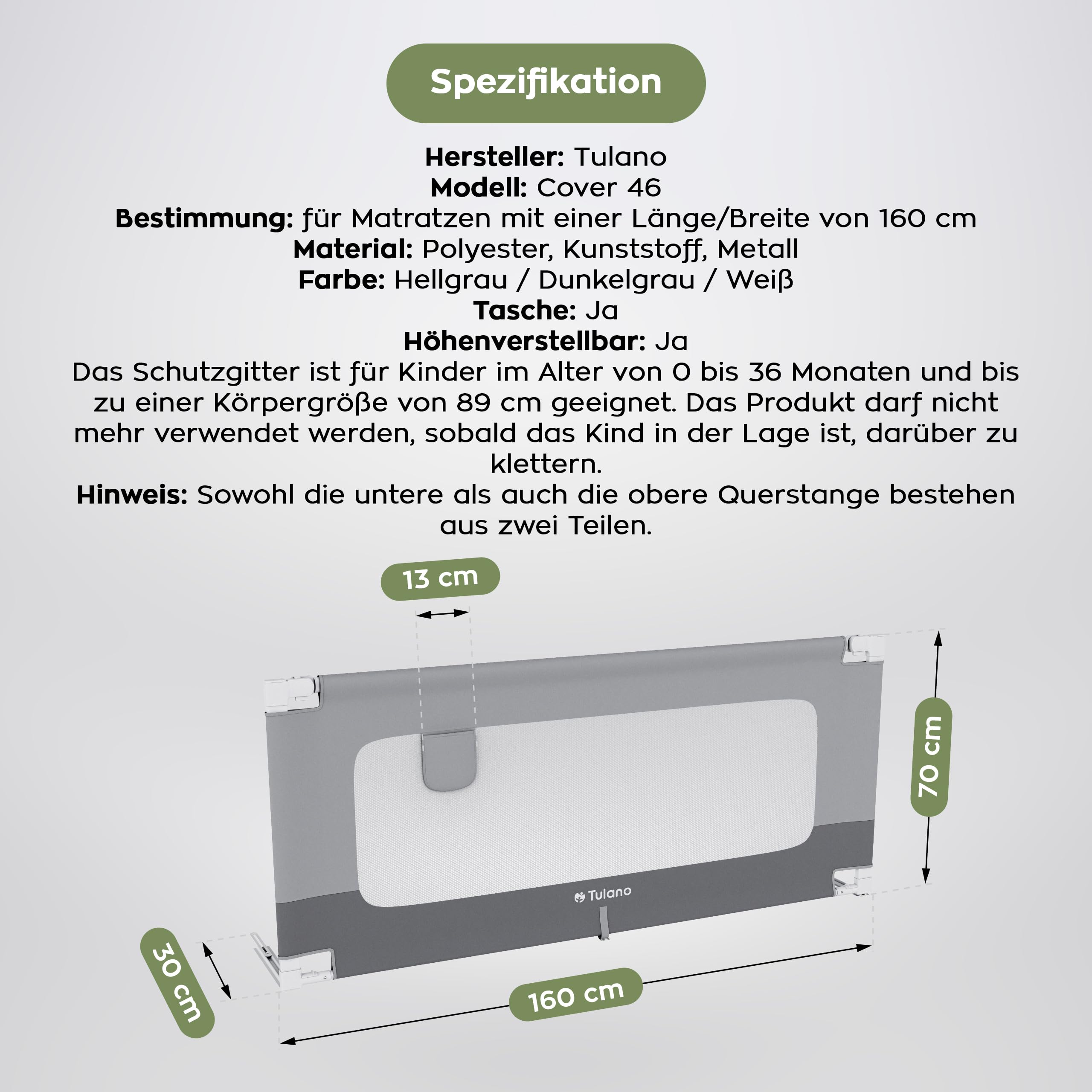 TULANO Cover 46 Bettgitter Kinderbett - Sicherheitsgitter Absenkfunktion - 18-Fach höhenverstellbar - Bettschutzgitter 160 cm - Rausfallschutz für Standardbetten - Für Matratzen 10–28 cm - Grau