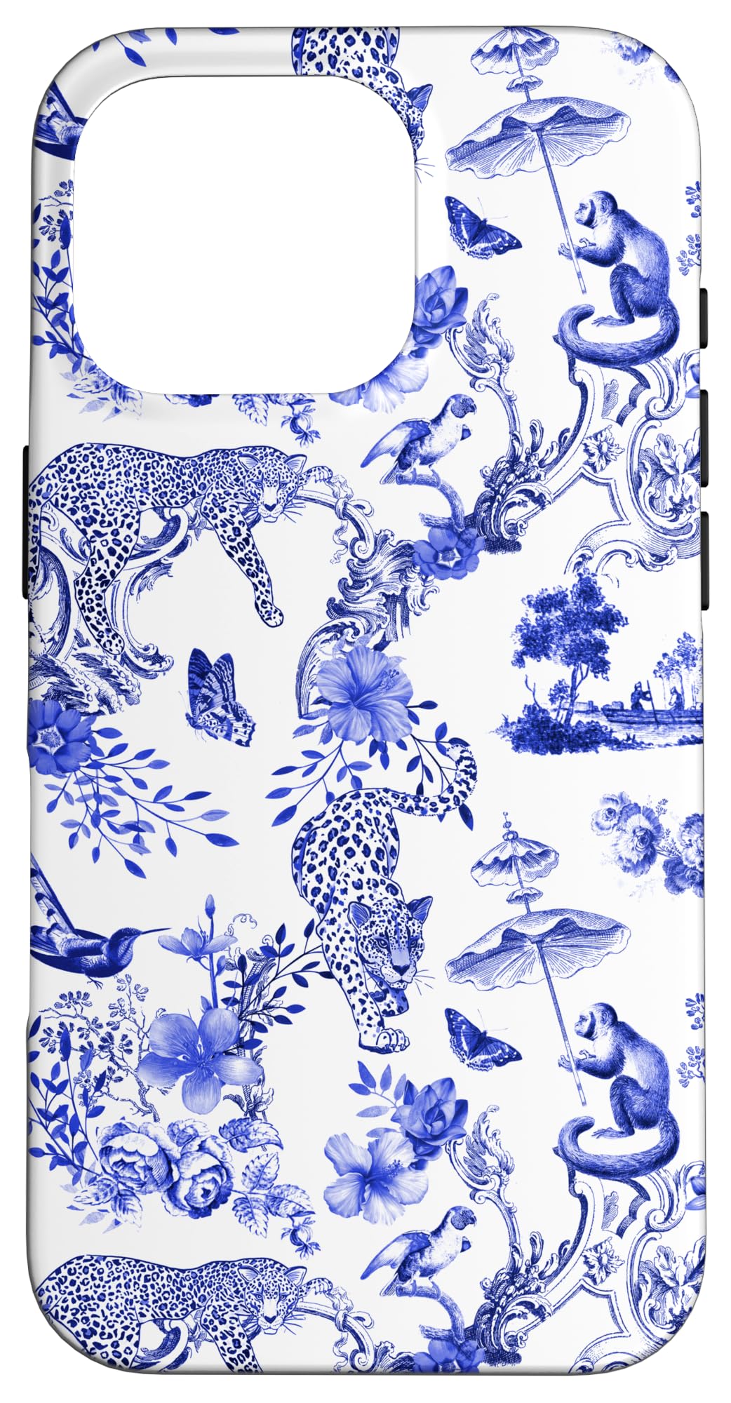 French Blue Toile Chinoiserie with Flowers, Monkey, Leopards Case for iPhone 16 Pro