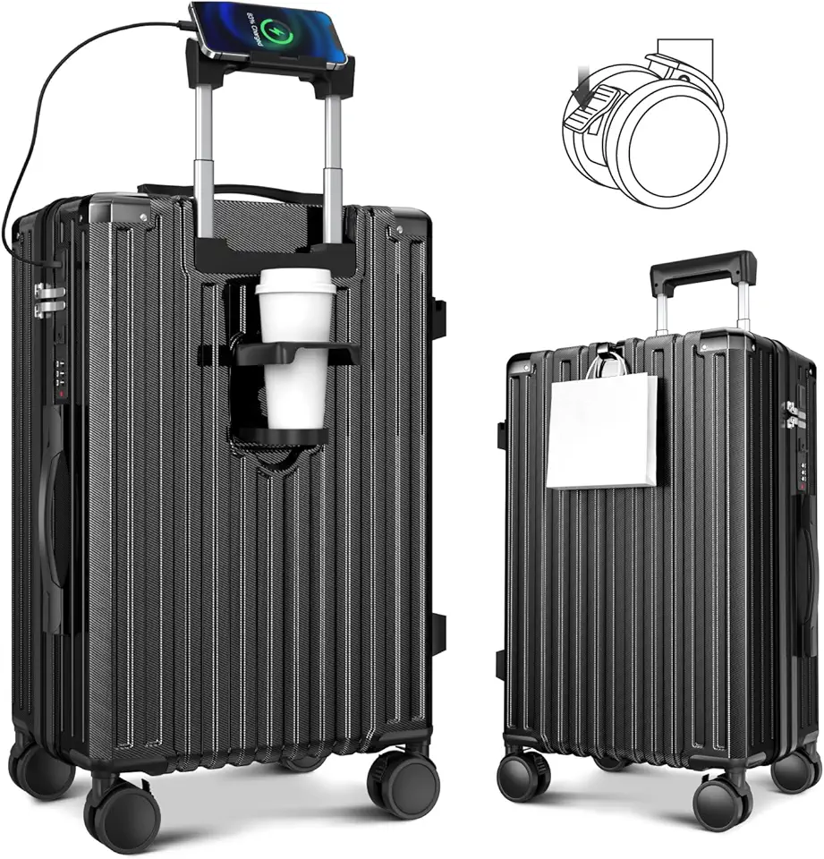 スーツケース キャリーケース キャリーバッグ ABS+PC 耐衝撃 大容量 大型 超軽量 静音 ブレーキ機能 ダブルキャスター Type-C&USBポート カップホルダー 隠しフック 360度回転 ス