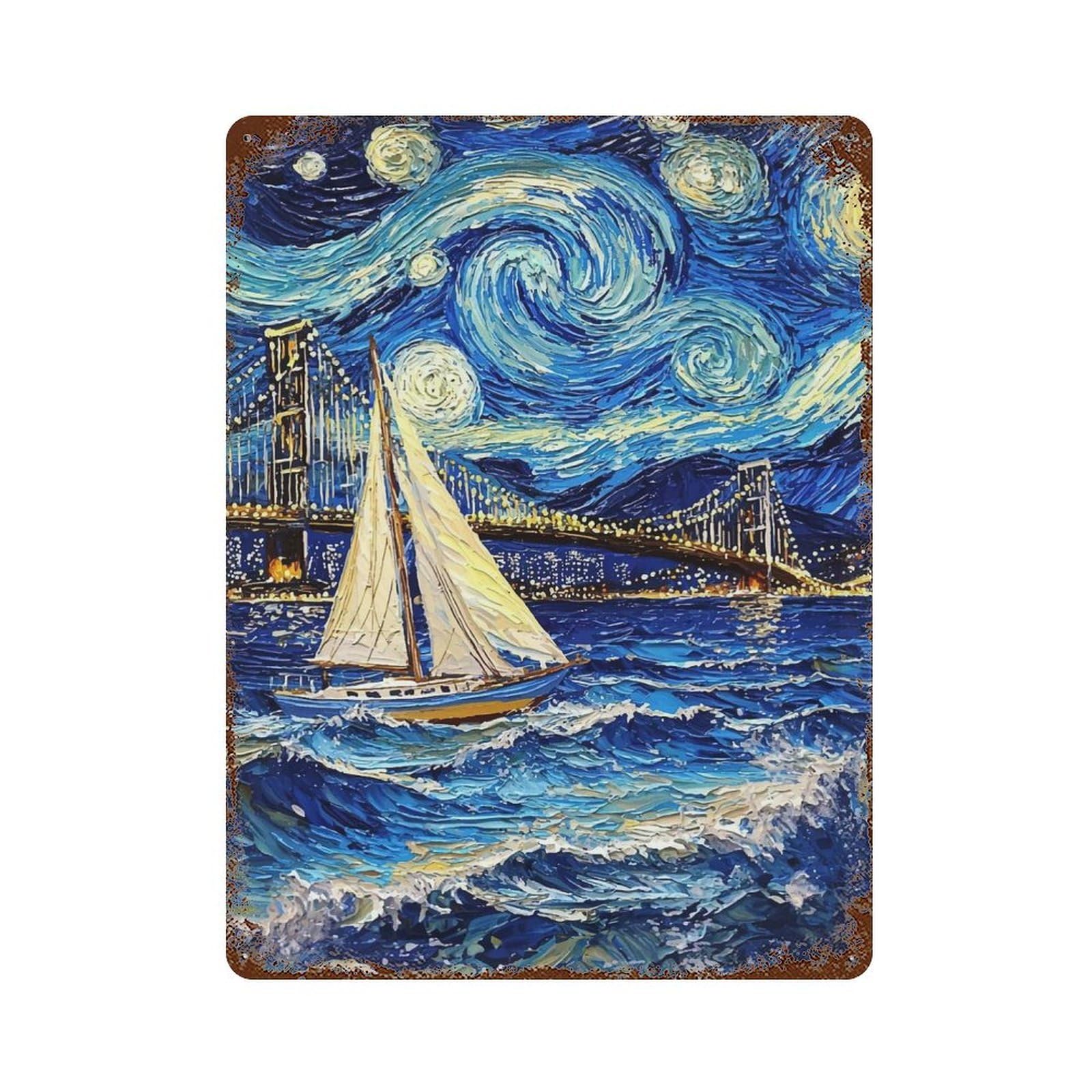 Starry Night Sailboat Rusty Metal Tin Sign 15.7"x11.8", Ideal for Farmhouse, Kitchen And Entryway Decor