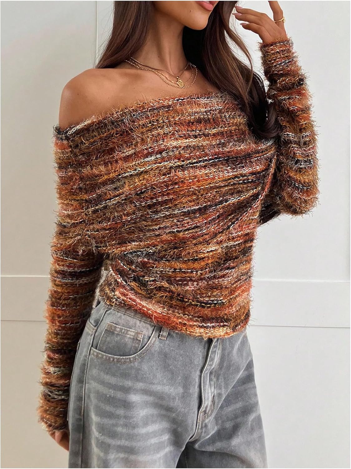 MakeMeChic Women's Striped Sweater Off The Shoulder Long Sleeve Tops Y2k Fuzzy Going Out Tops - Image 3