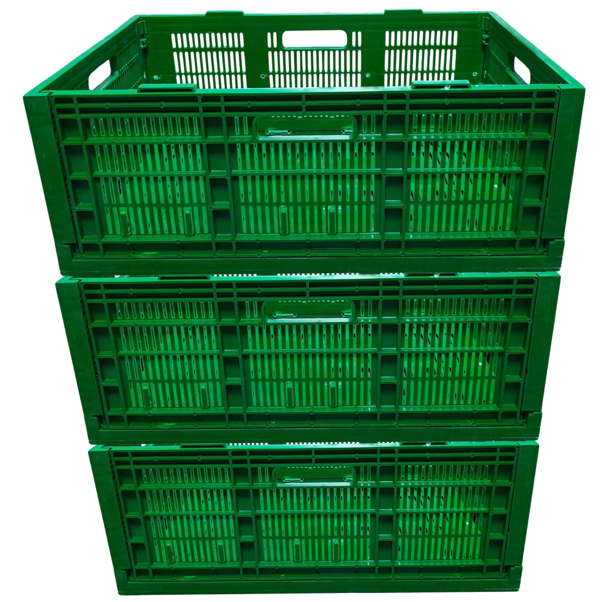 Storage Crates Pack of 3, Stackable Plastic Container Foldable Basket Multipurpose 500x325x200 mm - Green