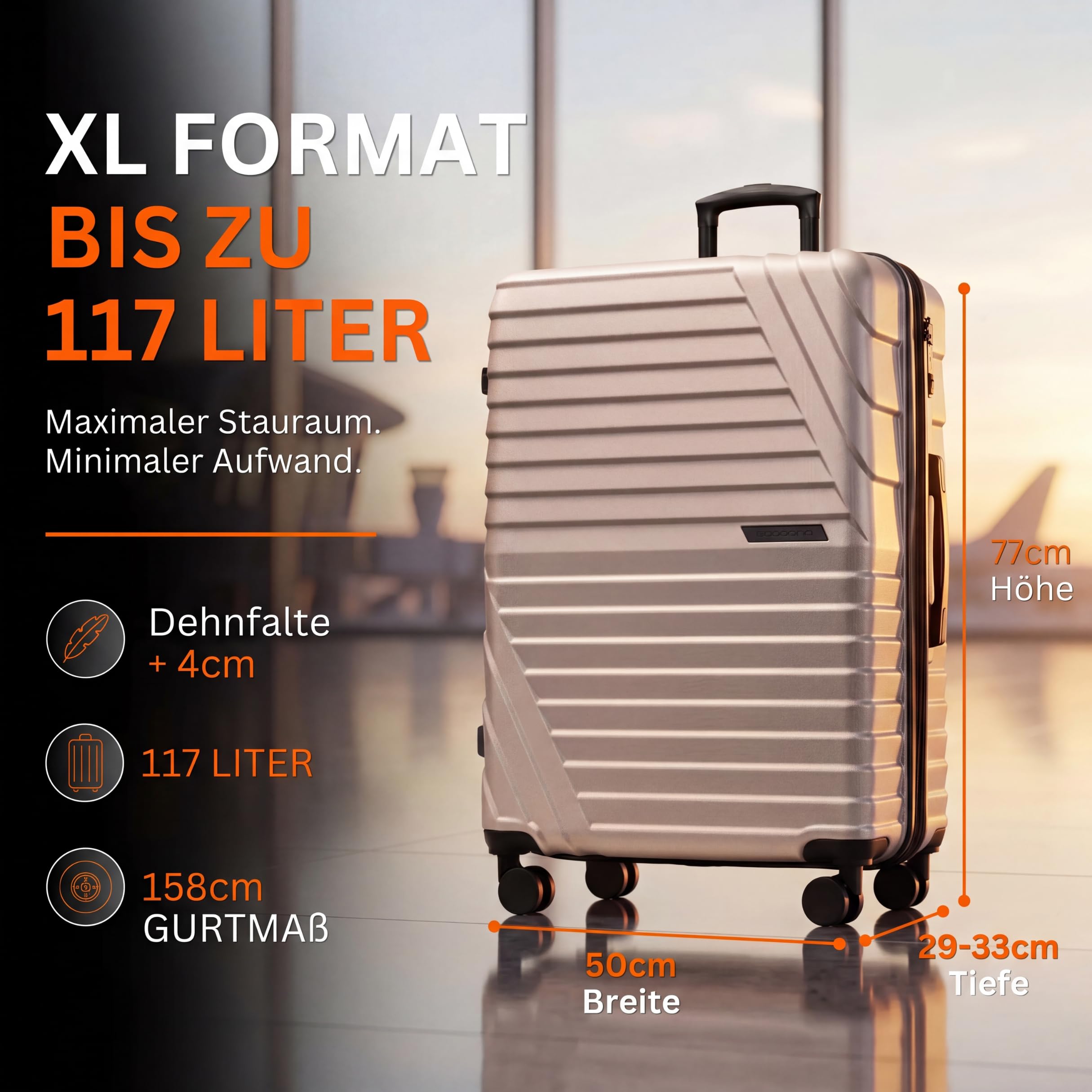 Hartschalenkoffer XL 100L erweiterbar auf 117L 158cm Gurtmaß 8 Rollen 360° drehbar TSA Schloss Teleskopgestänge Reisekoffer champagner