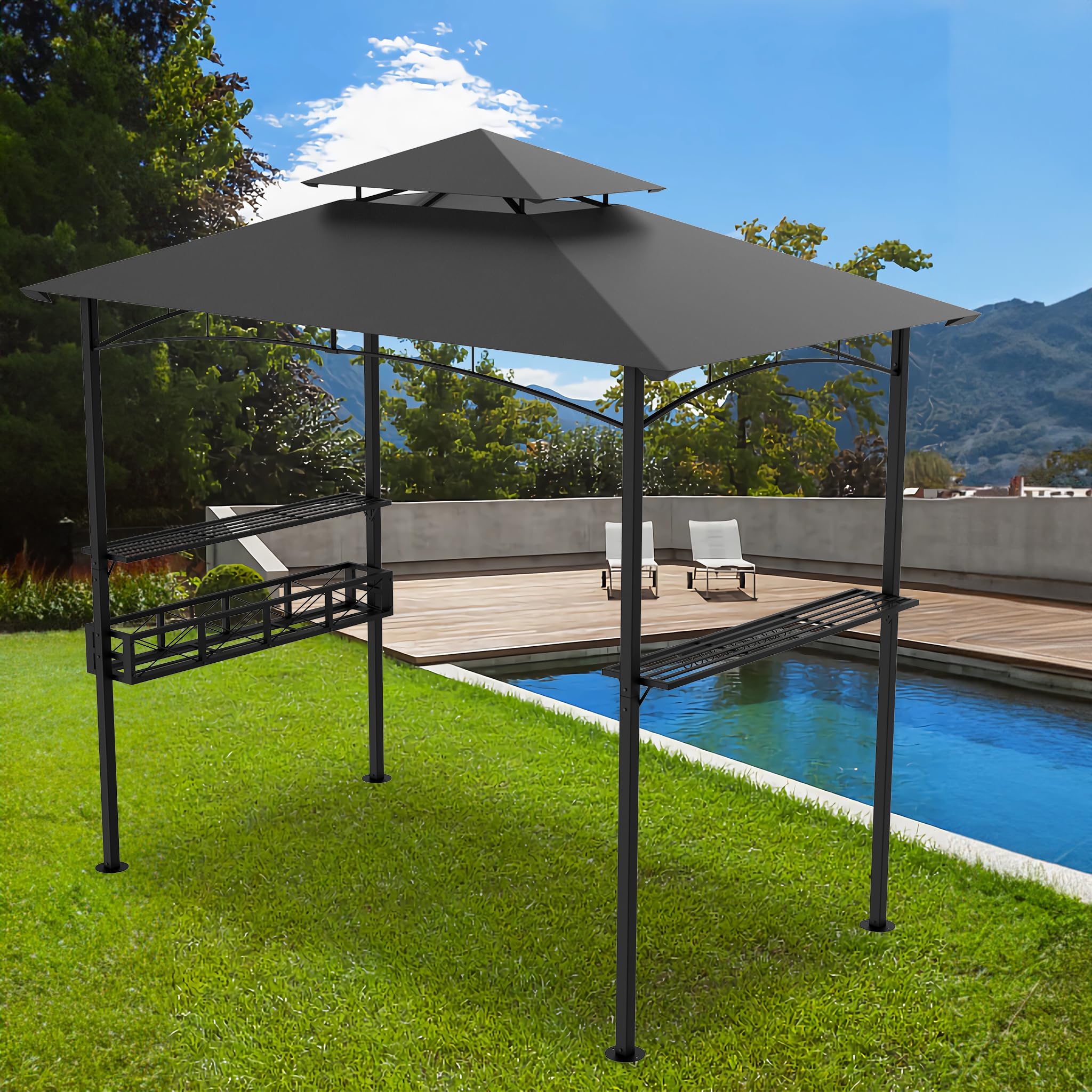 FIVMEN Cenador para barbacoa, 244 x 138 x 250 cm, con barra de bar y techo de doble capa, cenador de jardín, carpa para fiestas, protección UV