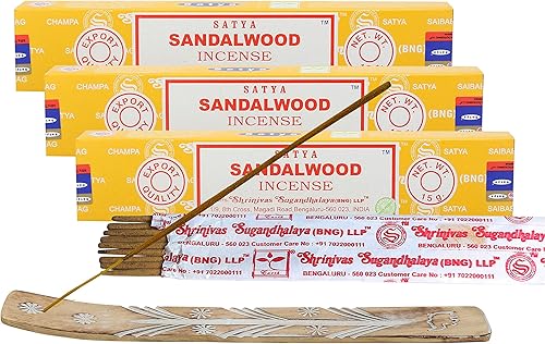 Satya Nagchampa - Varillas de incienso de sándalo, Satya Bng (Bangalore) Insenses 0.53ozmx3 (45 GMS) con soporte para incienso Raajsee, incienso