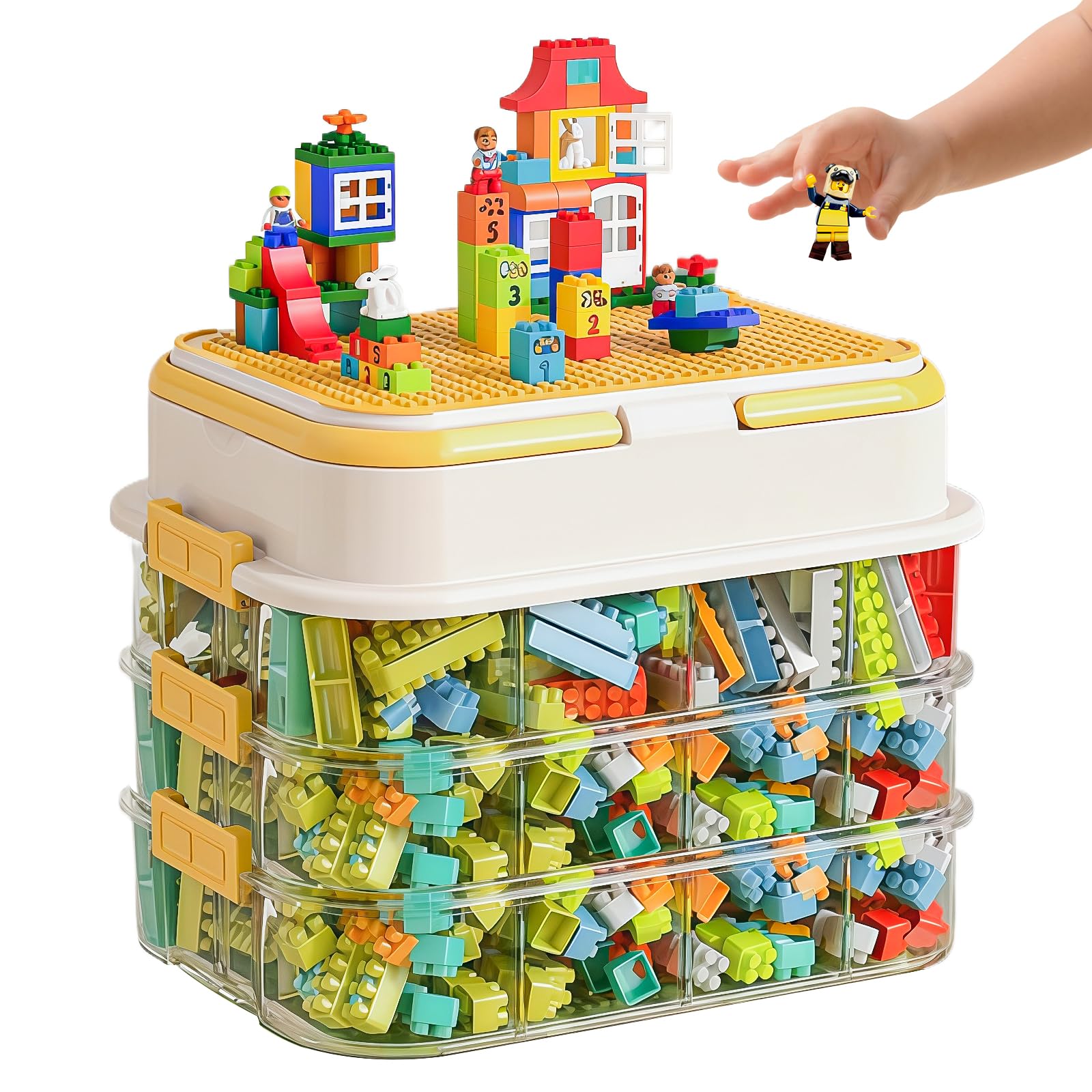 Stapelbare Ziegelstein-Aufbewahrungsbox mit Puzzlefächern, 3 Ebenen transparenter Kunststoffbehälter mit Deckel, verstellbarer Organizer für Bausteine Legos, Spielzeug-Aufbewahrungsbehälter