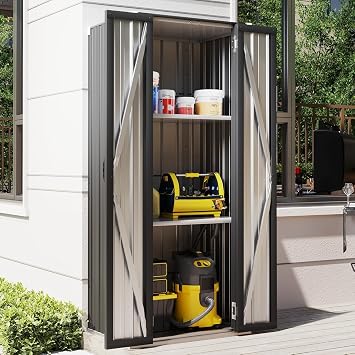 AECOJOY Outdoor Storage Cabinet Waterproof, Vertical Tall Outdoor Storage Cabinet with Shelves, Garden Sheds & Outdoor Storage Clearance Cabinet Weatherproof for Outside or Indoor in Dark Grey