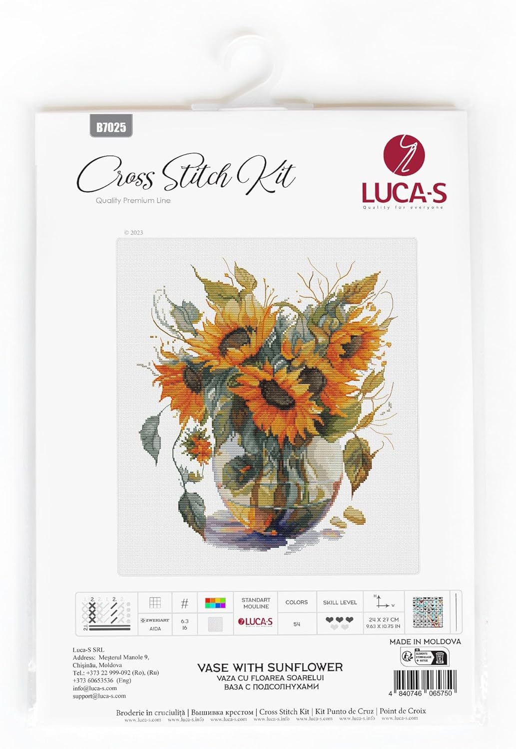 Luca-S Cross Stitch Kit, Vase with Sunflower, Counted Cross Stitch Kit for Adults, Embroidery Kit, B7025