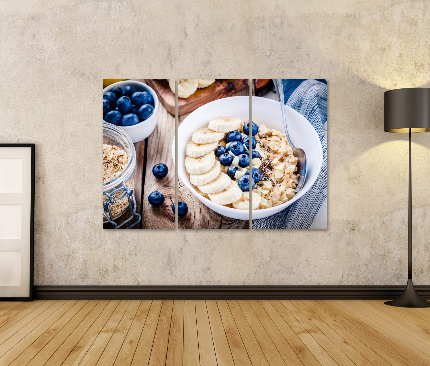 islandburner Prime Bild auf Leinwand Frühstück Haferflocken Bananen Blaubeeren Chiasamen Mandeln Selektiver Abstrakt Bilder Wandbilder Poster