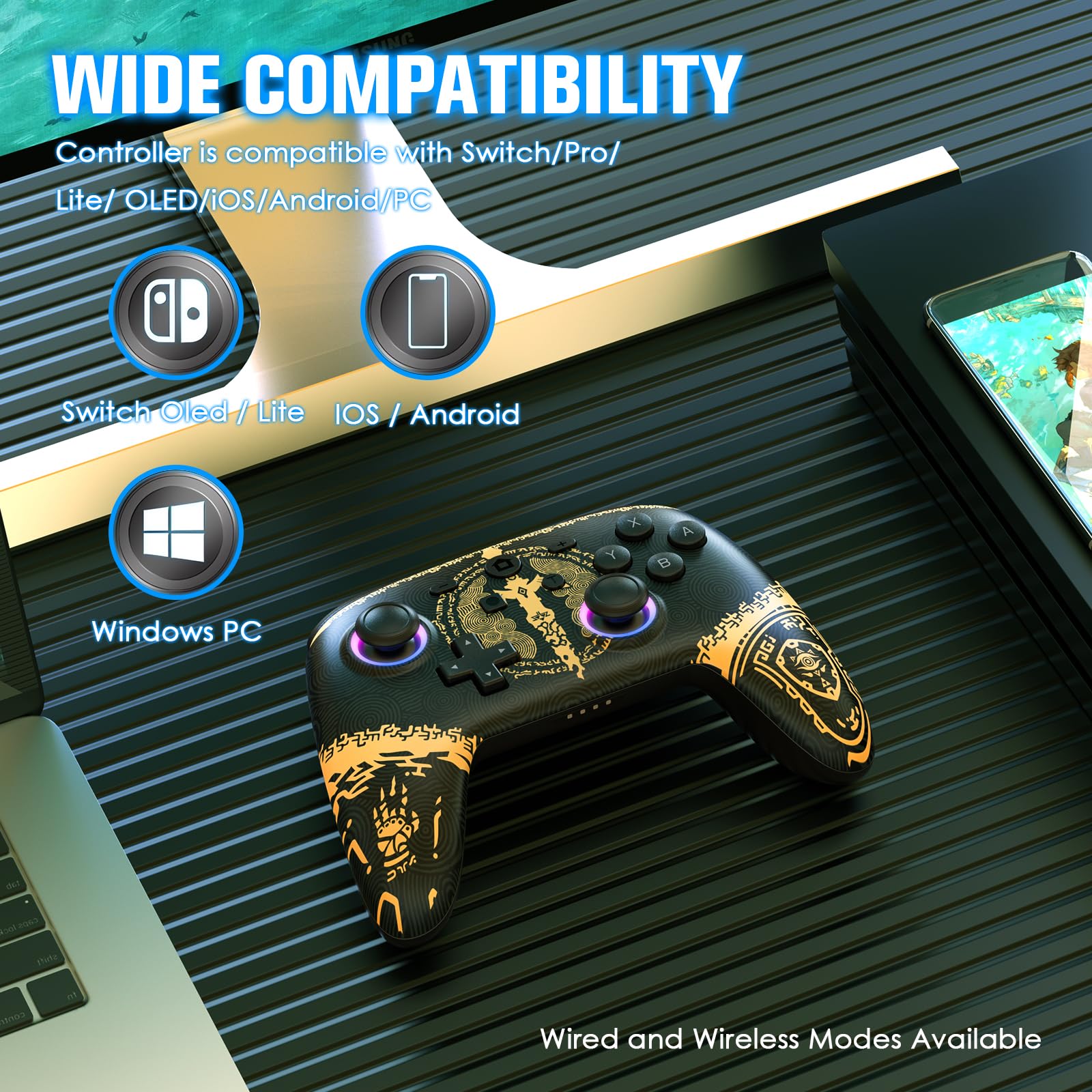 Switch Pro Controller Wireless Gamepad Gelb - Kompatibel mit Nintendo Switch/Switch Lite/Switch OLED, 7 Farben LED, Turbo/Motion Control