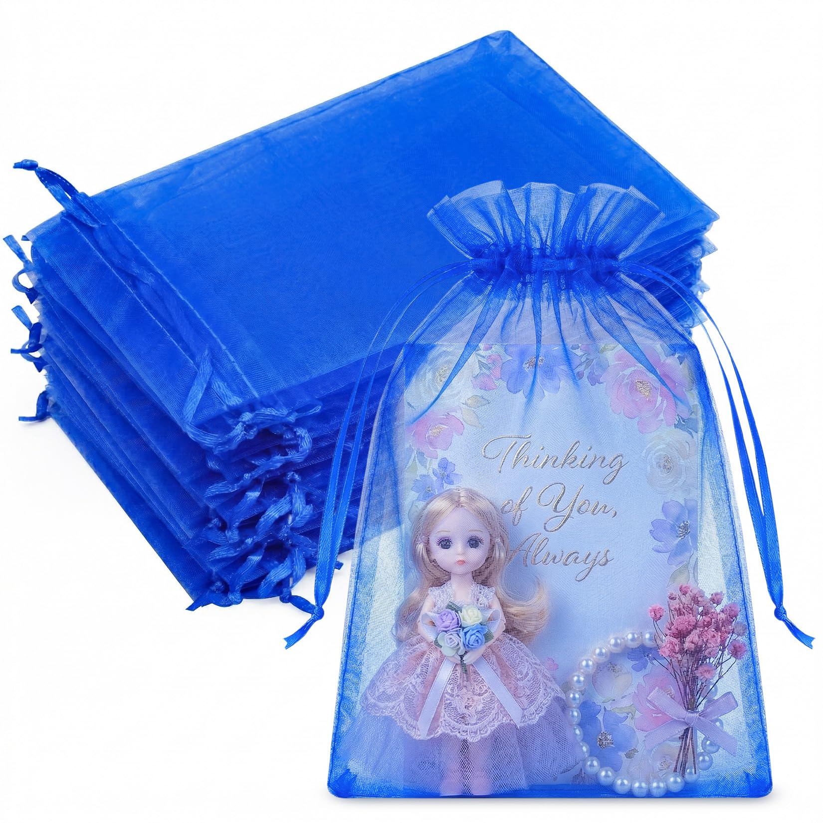 Crweety 50PCS Organza Bags 6x9 Blue Large Mesh Gift Bags Drawstring for Jewelry Sachet Candy Treats, Sheer Pouches Mini Baggies for Birthday Baby Bridal Shower Wedding Halloween Christmas Party Favors