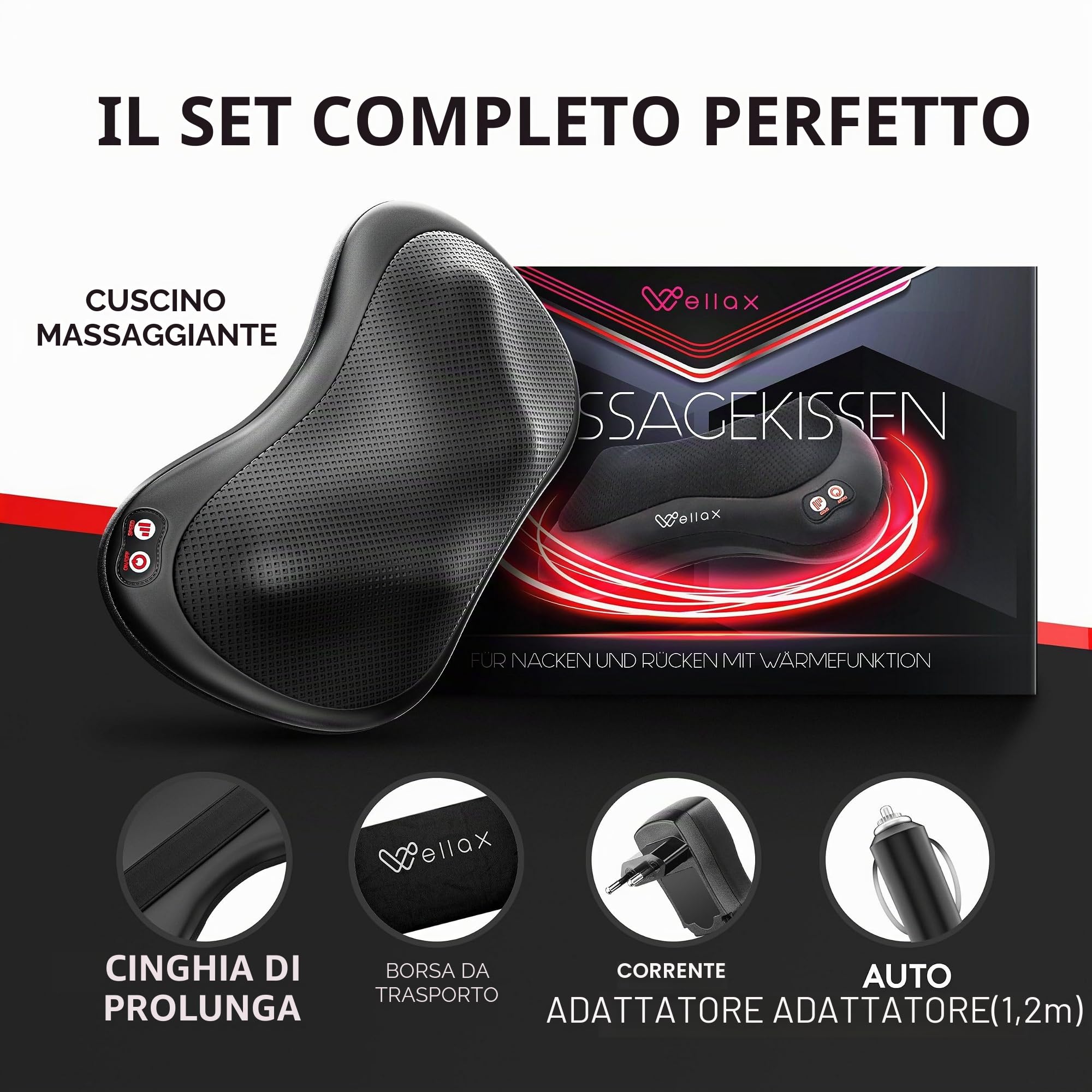 Wellax Cuscino Per Massaggio Rilassante Con Funzione Di Calore E Rotazione A 360 ° - Dispositivo Per Massaggi Shiatsu Con 3 Velocità Per Spalle E Schiena - Massaggiatore Per Il Collo (Nero)