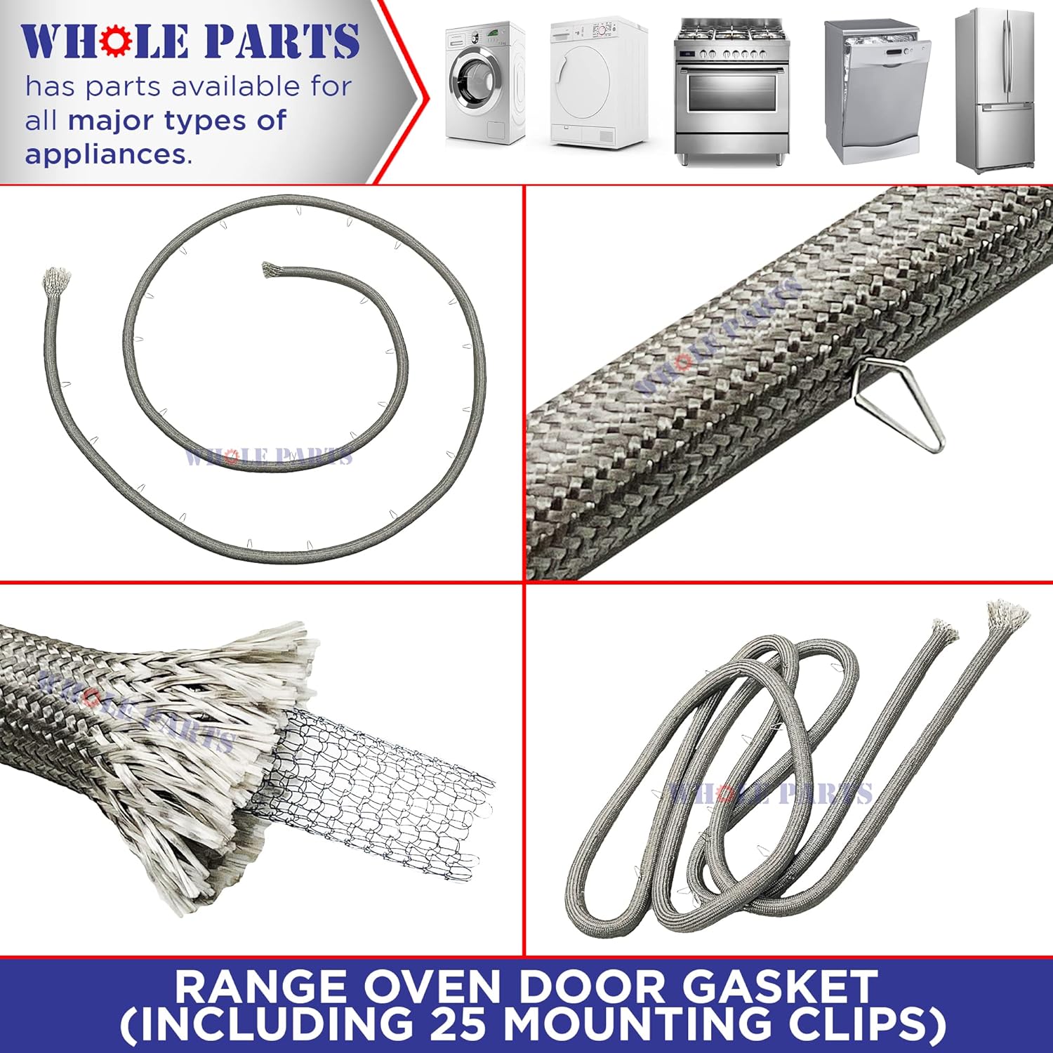 Upgraded Whole Parts Range Oven Door Gasket (Includes 25 Mounting Clips) Part# WB04T10050 - Replacement & Compatible with Some GE Ranges or Ovens