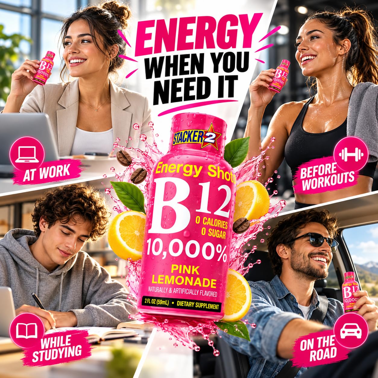 STACKER 2 B12 Energy Shots, Pink Lemonade, 12 Pack – 10,000% Daily Value Vitamin B12, Sugar Free, Zero Calories, Caffeine Energy Supplement, 2 fl oz Bottles — Amazon image 3