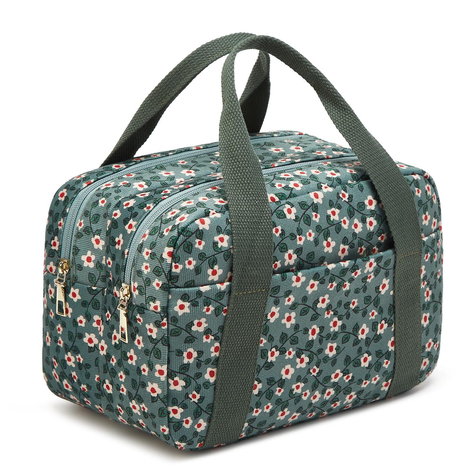 Jiliyote Kulturtasche und Kulturbeutel Damen Cord mit Aufteilung,Waschtasche und Kosmetiktasche Organizer für Reise und Alltag (Grün mit floral,Mittlelgröße)