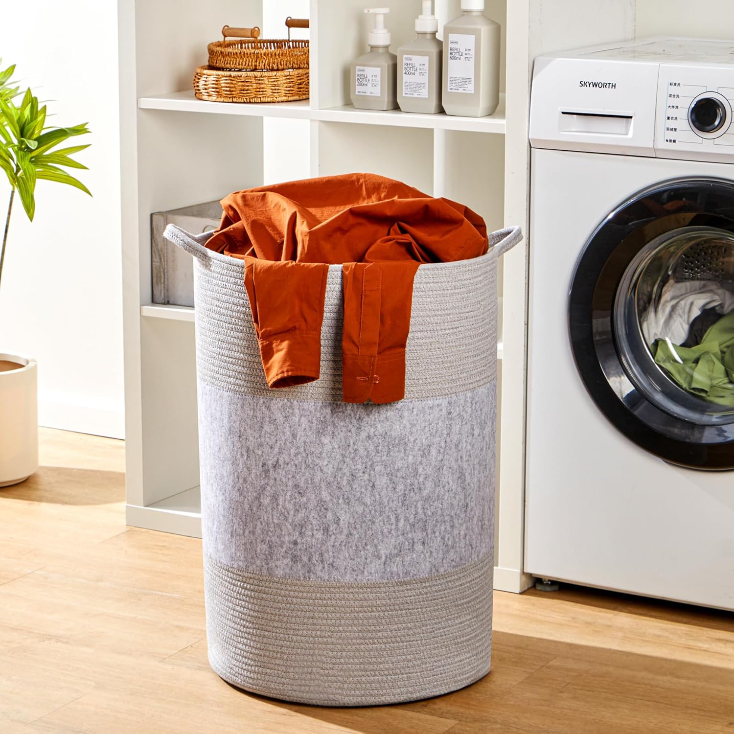 90L Jumbo Laundry Hamper,17" x 17" x 24" Extra Large Woven Laundry Basket for Blanket Storage, Tall Baby Nursery Hamper for Toys in Bedroom,Living Room Grey
