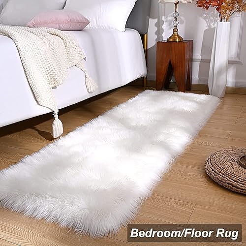 Miniatura 2 de Alfombra rectangular blanca de 2 x 6 pies, de piel sintética de oveja para sala de estar, alfombra mullida y lavable para dormitorio, cuarto de
