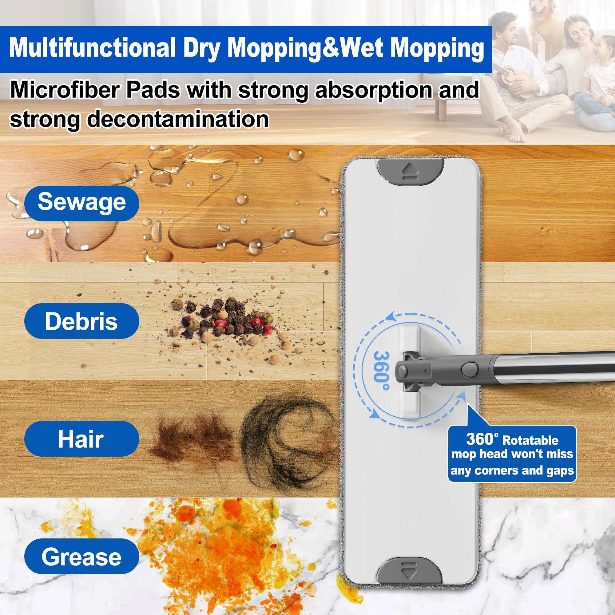 Set di mocio e secchi: testa piatta con 6 panni in microfibra riutilizzabili per la pulizia a secco e bagnato, mocio per la polvere, per casa, bagno, cucina, pavimenti in legno laminato