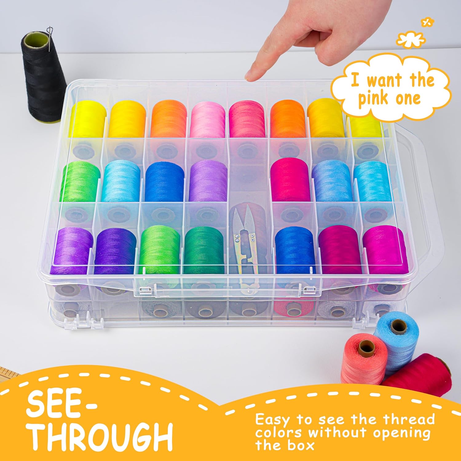 KASTUN Thread Storage,Double Sided,46 Grids Sewing Organizer,Portable, Transparent, Sewing Thread Storage Case