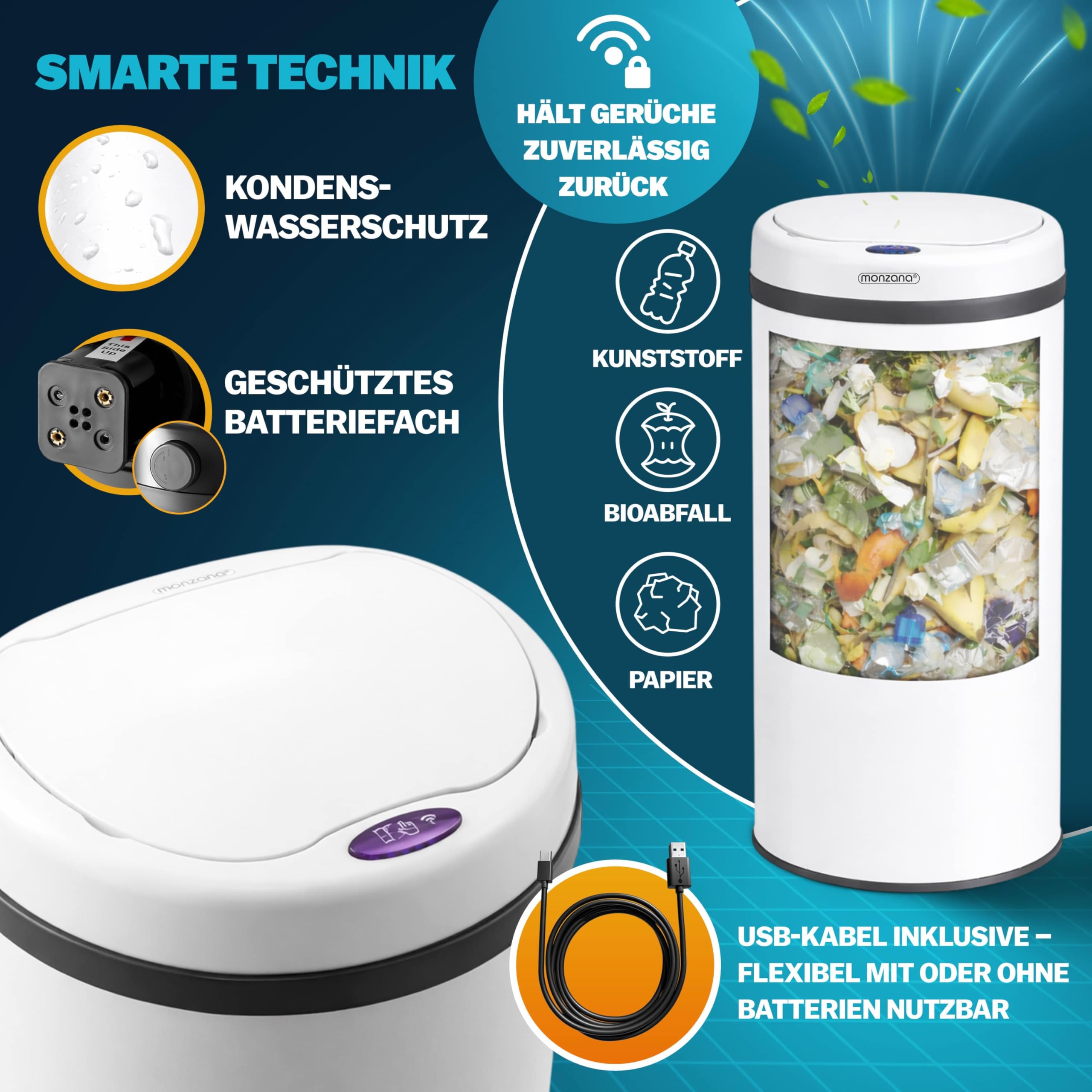Monzana Sensor Mülleimer Küche Weiß | 30 L, Smarter Abfalleimer, mit Sensor, Berührungslos, Recycling, Edelstahl, inkl. USB-Kabel, Geschütztes Batteriefach