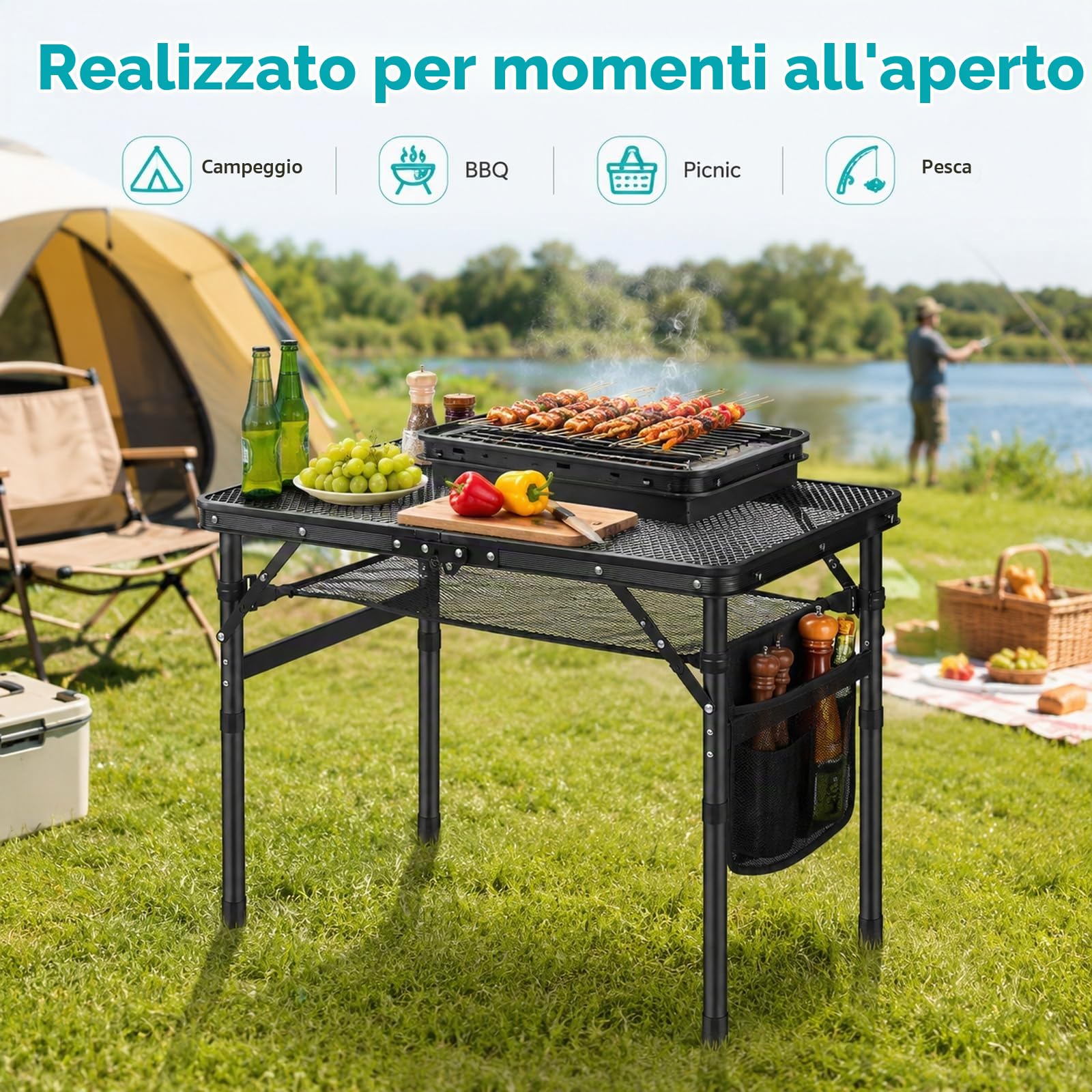 GOOGO Tavolo grill pieghevole da esterno, 60 x 40 x 56 cm, tavolo da campeggio con gambe rialzate e piano a griglia, per BBQ, balcone, picnic e bancarella (nero)