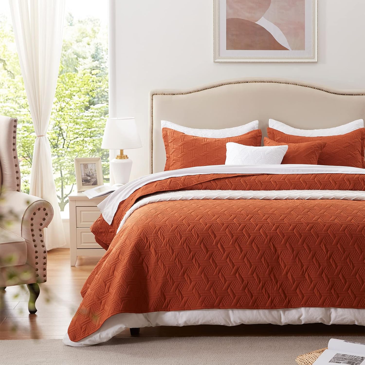 LEAONME Full/Queen Quilt Set 3 Pieces,Lightweight Burnt Orange/Rust Bedspread-90''x98'',Soft Microfiber Summer Quilt,Luxurious Warm Coverlet Sets for All Seasons (Includes 1 Quilt, 2 Shams) - Image 2
