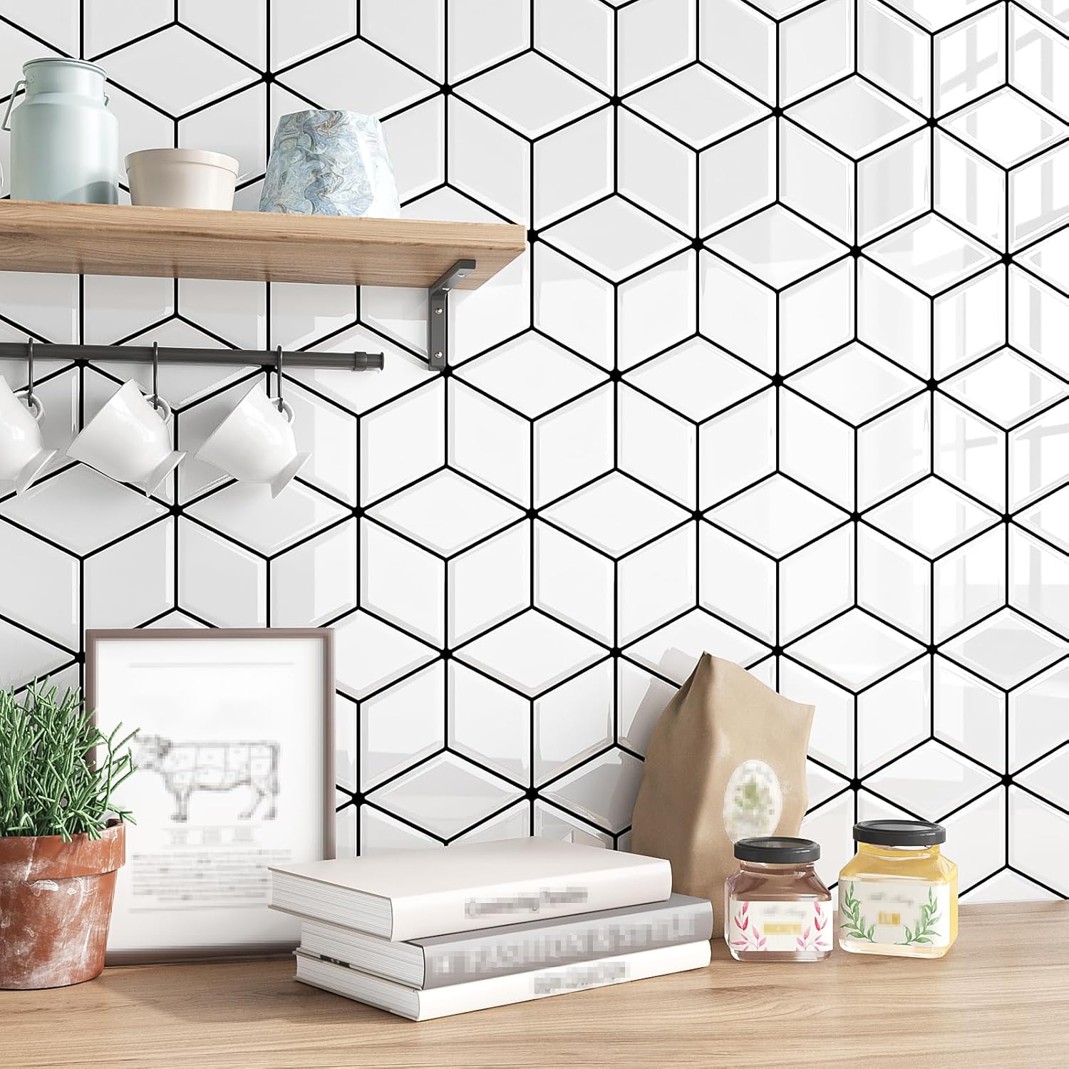 VEELIKE 3D Cube Peel and Stick Backsplash White Backsplash Tile Peel and Stick Waterproof Hexagon Wall Tile Stickers for Kitchen Bathroom 12''x12'' 6 Sheets Self Adhesive Back Splash for Kitchen Wall