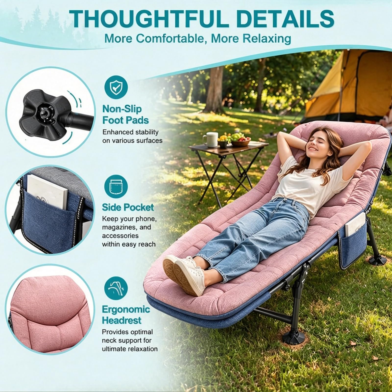 Lit de camp pliable avec coussin de nuque et poche latérale - 190 x 65 x 30 cm - Charge maximale : 150 kg - Pliable - Léger - Compartiment réglable - Lit d'invité pliable pour jardin, voyage