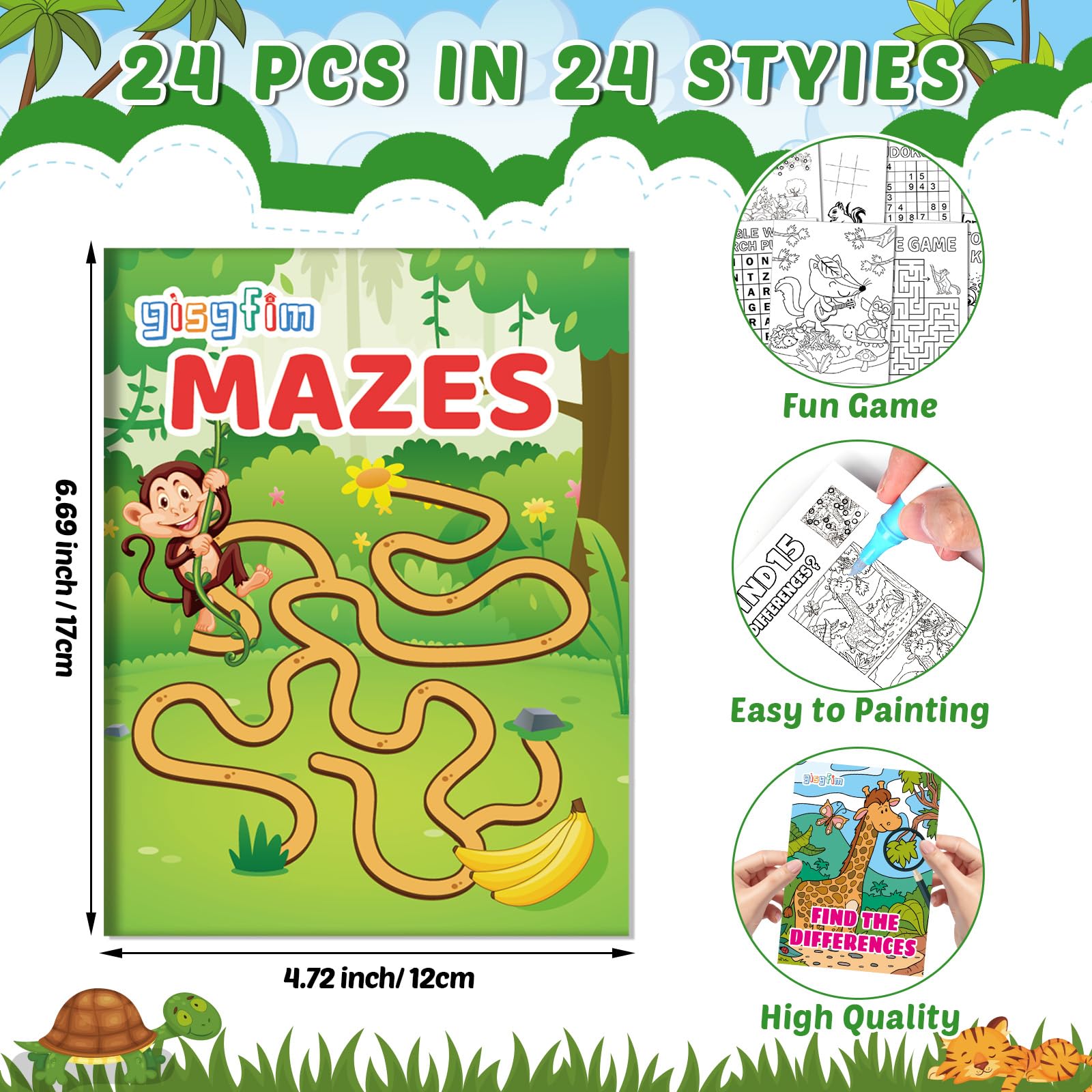 gisgfim Confezione da 96 mini libri da colorare Safari per bambini dai 4 ai 12 anni, gioco di puzzle animali della giungla, labirinto, ricerca di parole da punto a punto, per compleanno, ricompense in