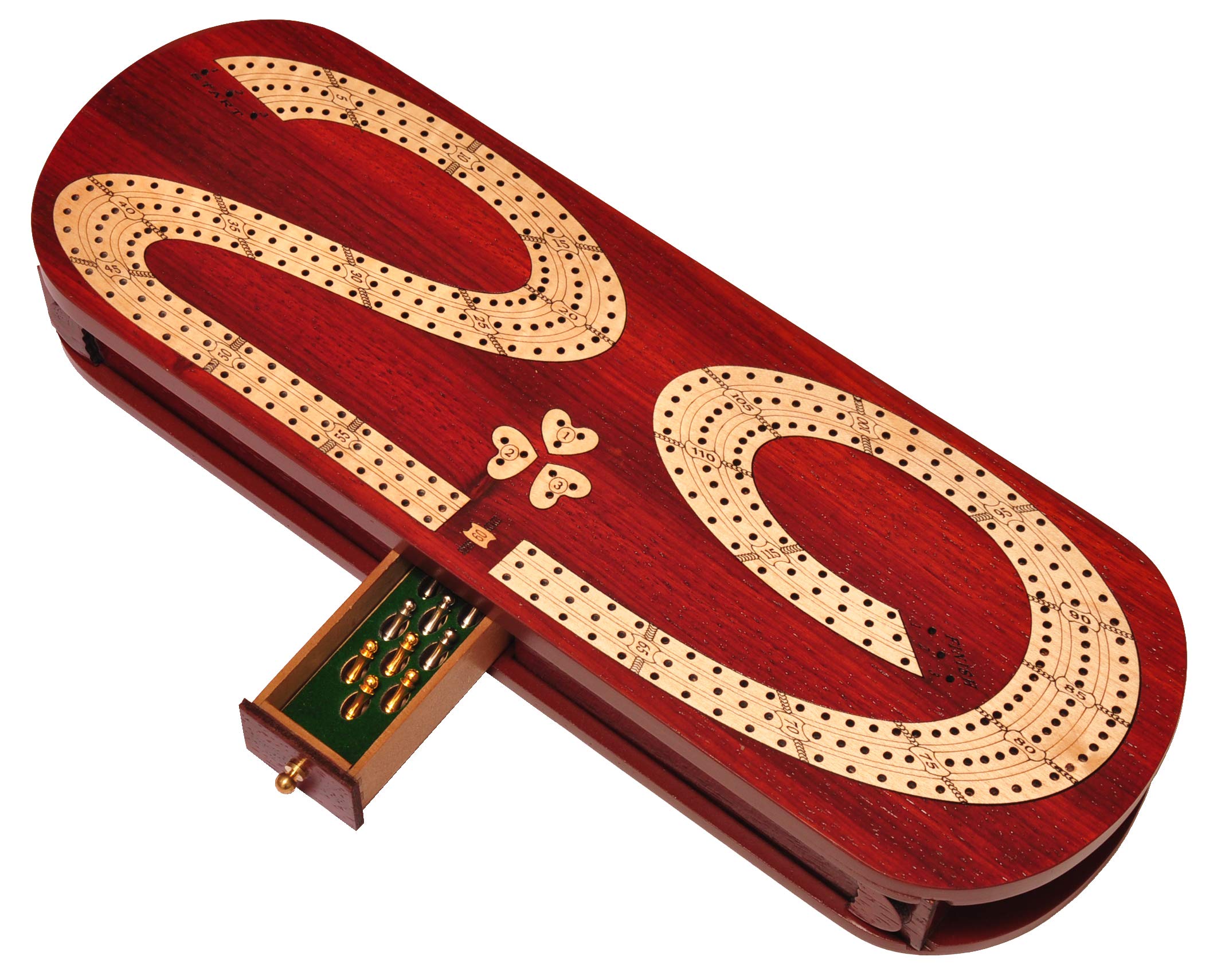 PALM ROYAL HANDICRAFTS3 Track Cribbage . Cribbage Board inlain in Blood Wood / Maple . 29 Cribbage Board . 3 Track Continuous Cribbage Board