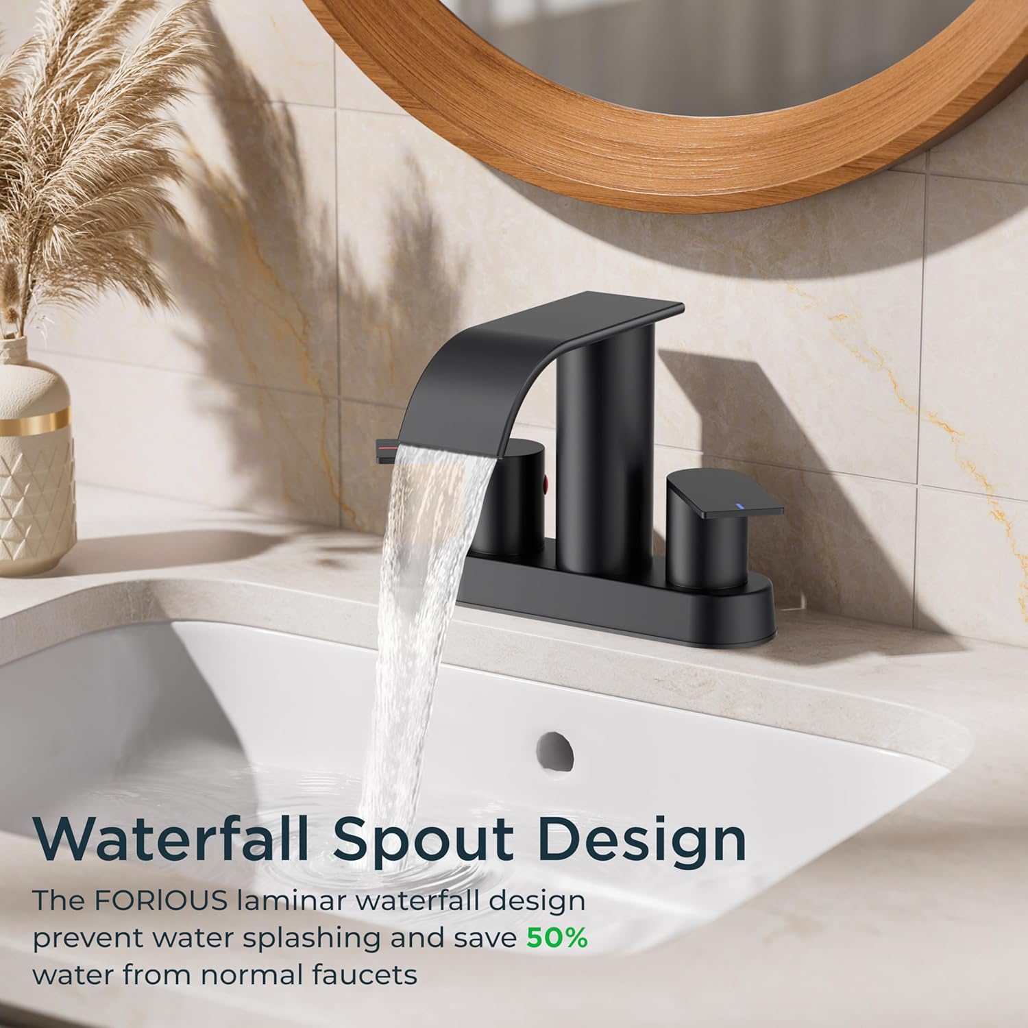 FORIOUS Matte Black Bathroom Faucets, Waterfall 4 Inch Centerset Bathroom Sink Faucet with Metal Pop up Drain and cUPC Hose for Basin, Vanity, RV, Pedestal 2 or 3 Hole Sink - Image 5