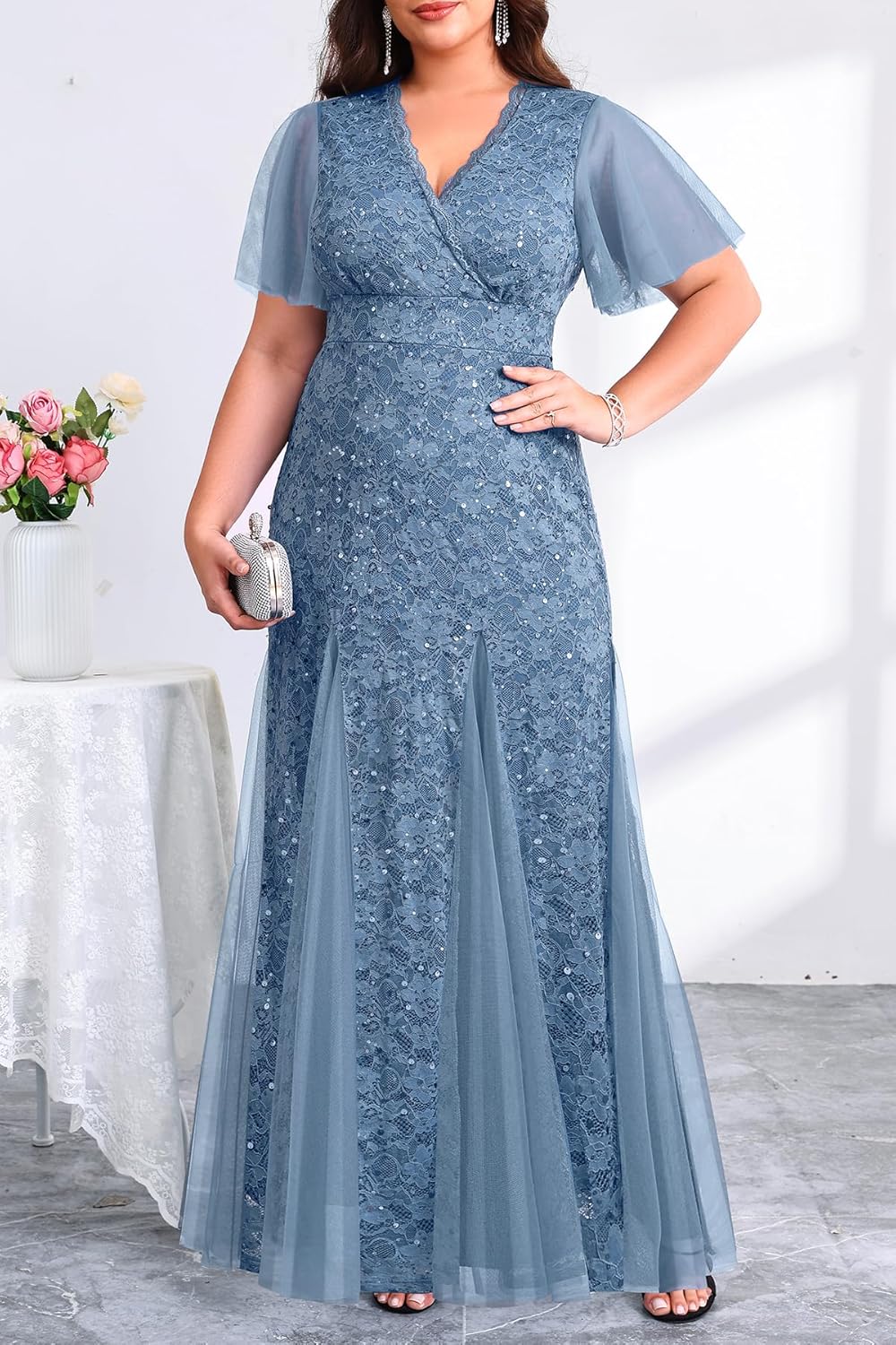 Plus Size Formal Dress - Evening Gowns Wedding Guest Mother of The Bride Sequin Lace Mermaid Tulle Hem Prom Long Dress - Image 2