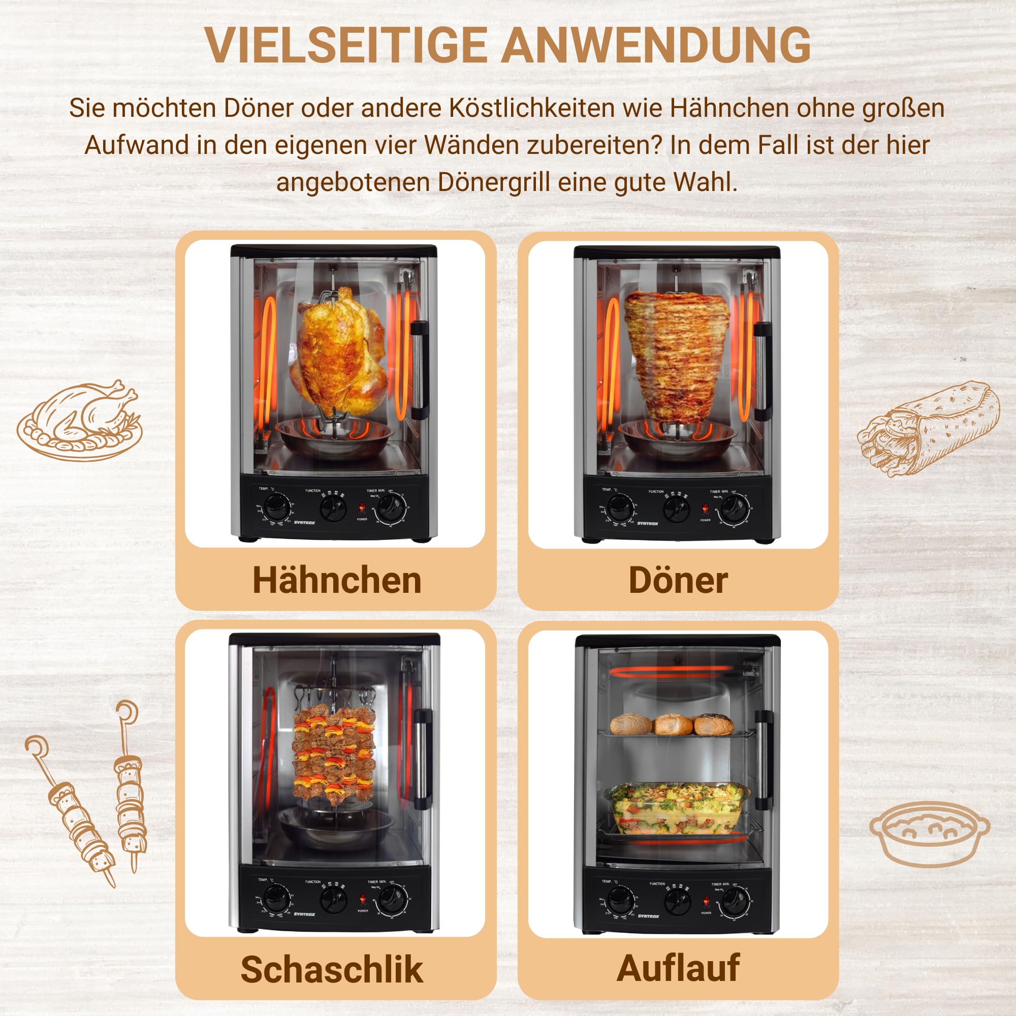 Syntrox Germany Backofen + Dönergrill Lugo 2 in 1, Heizofen, Gyrosgrill, Hähnchengrill, Drehspieß (23 Liter)
