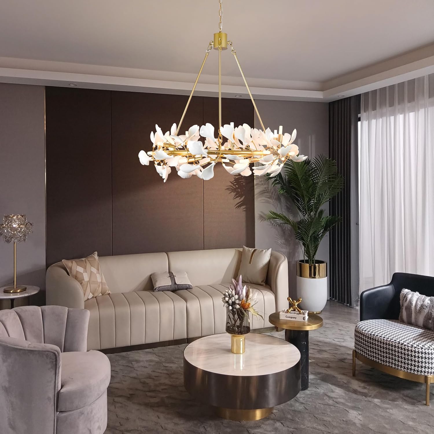 Gold Farmhouse Chandeliers for Dining Room 28 Lights Ceramic Ginkgo Leaf Chandeliers 35.5" Round Tree Branch Chandelier Light Fixture for Bedroom Entryway Kitchen Living Room