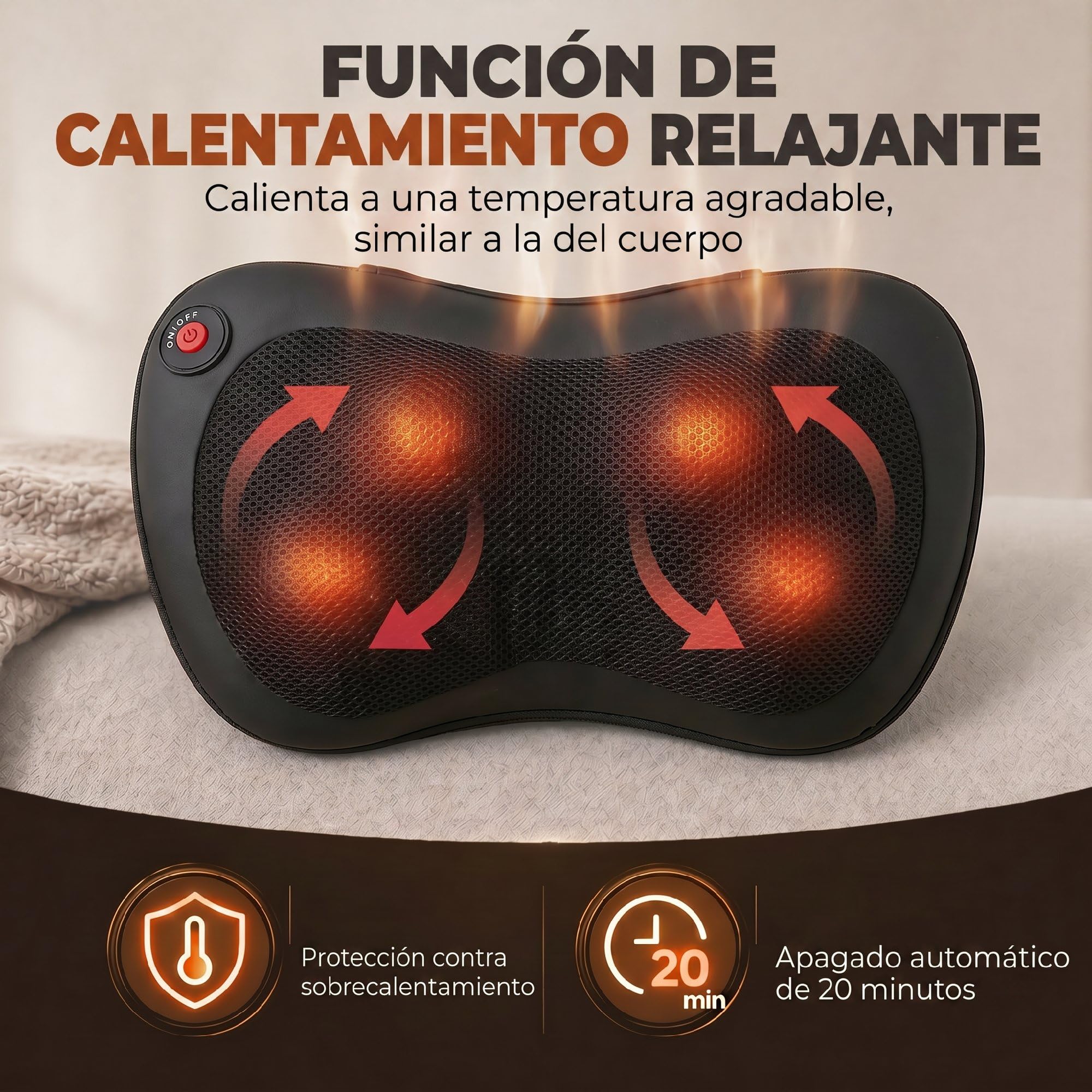 HOMCOM Cojín de Masaje Shiatsu con Calor y 4 Nodos, Amasado Giratorio 3D | Masajeador de Espalda y Cuello, Alivio de la Fatiga Muscular, para Mujer y Hombre, en Casa, Oficina y Coche
