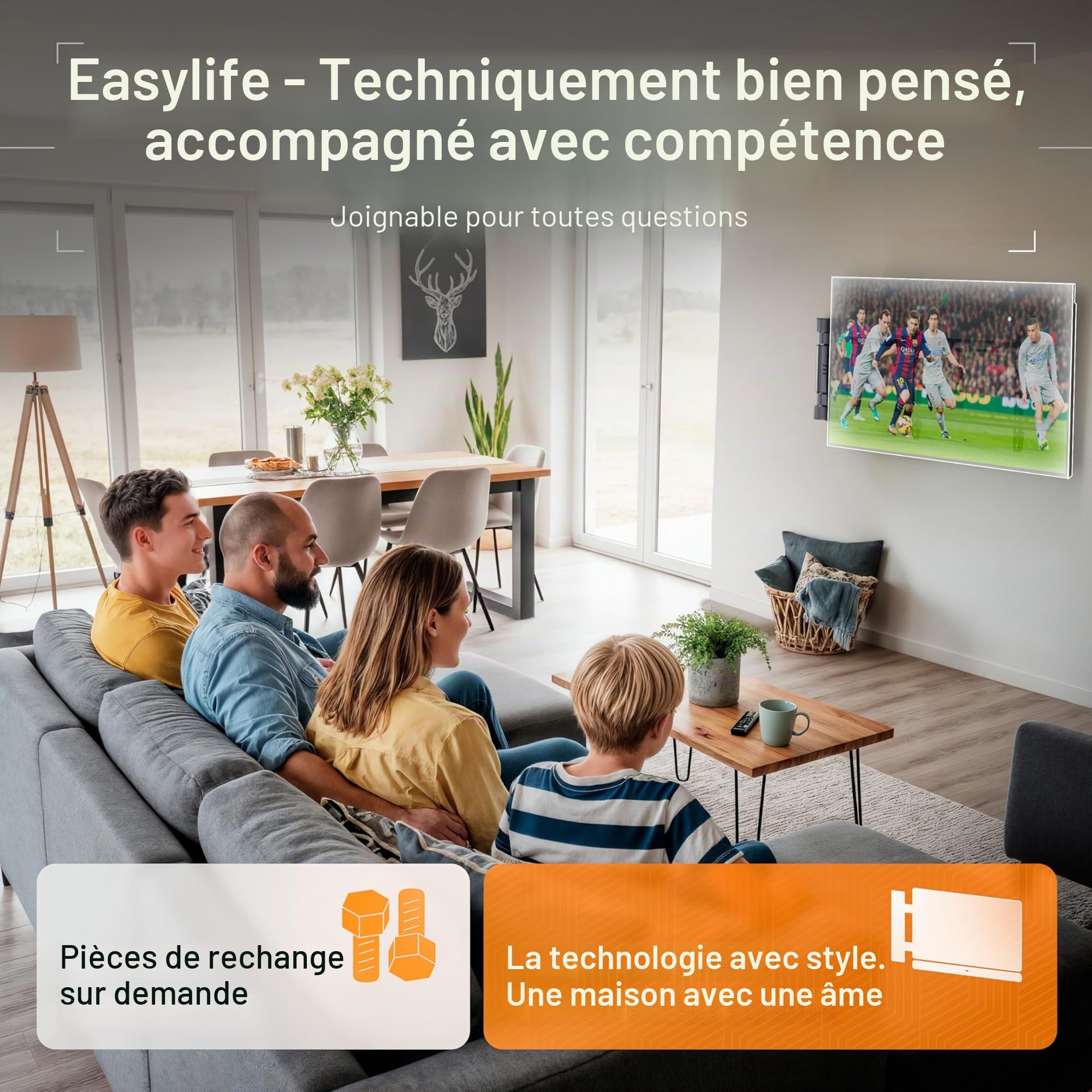 EasyLife Support TV Mural Pivotant électriquement jusqu'à 170°, Support Mural VESA Jusqu'à 600x400 pour LCD/OLED, Téléviseur, Moniteur, écran, Smartboard de 32-75 Pouces & 50kg Max - Noir
