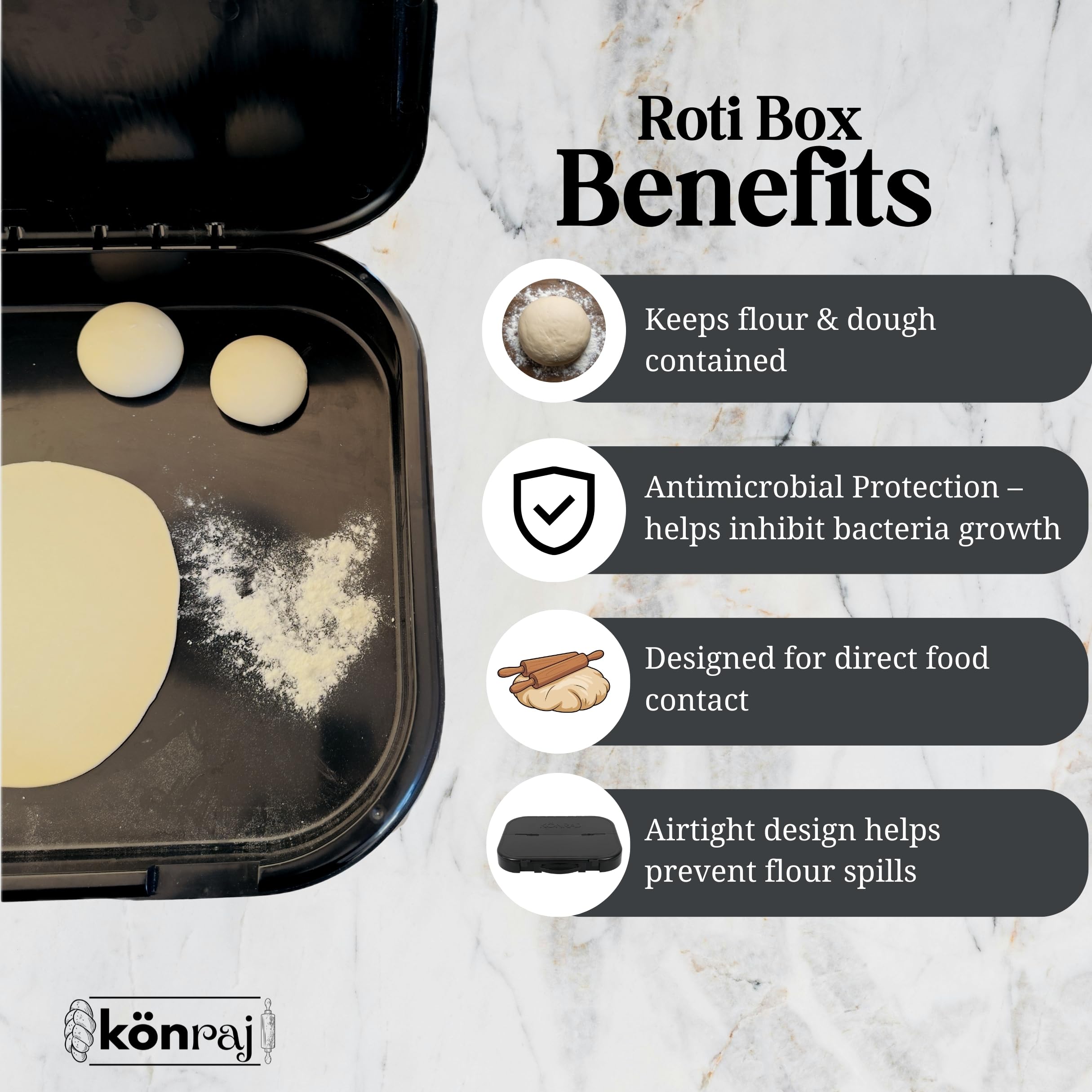 Roti-Box von KOENRAJ Kitchen für die Zubereitung von Chapati, Paratha, Puri & Pizza (rutschfest, antimikrobiell, hitzebeständig, luftdicht) – (55 cm x 43 cm x 6 cm), Schwarz