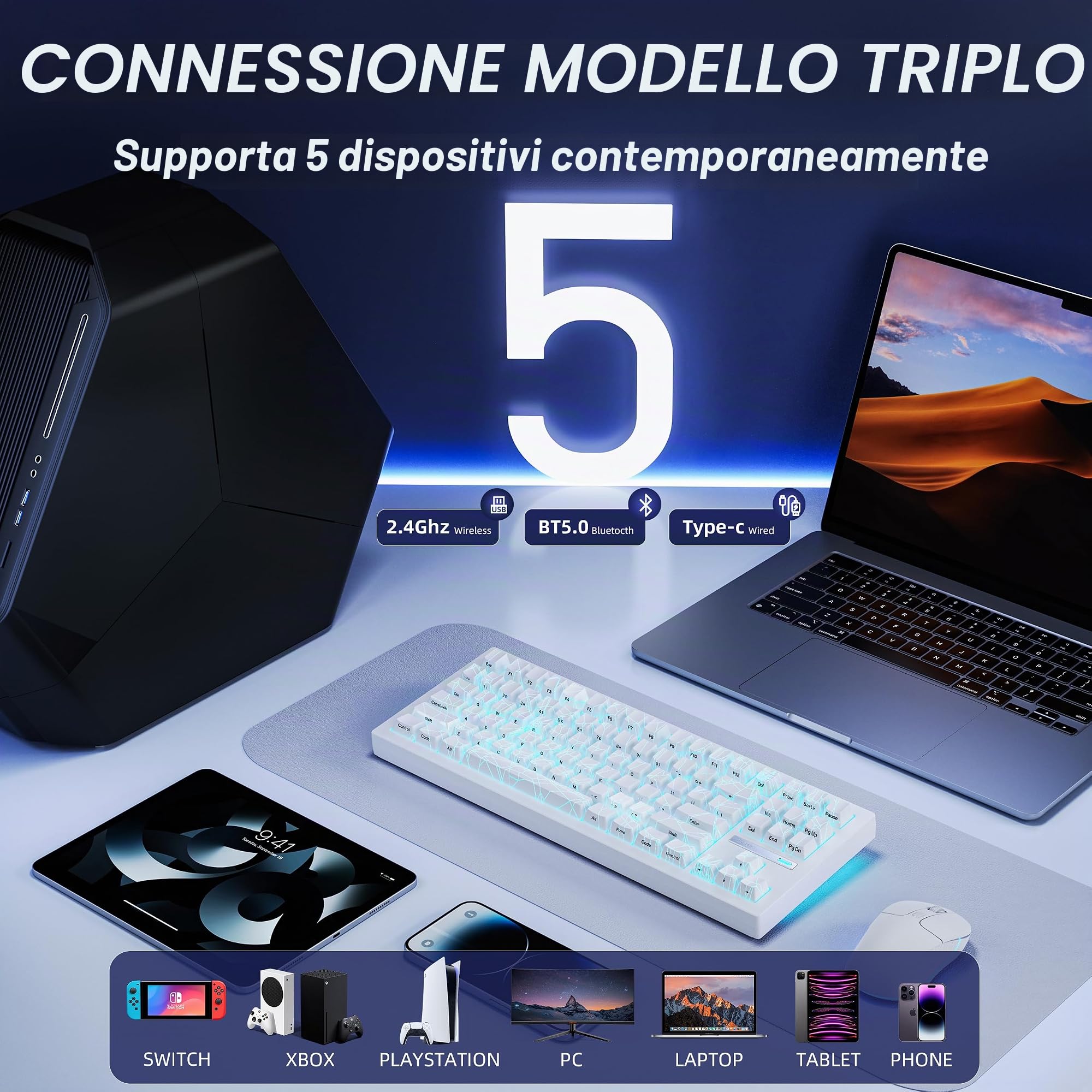 ZORNHER Tastiera meccanica da gioco wireless ZH870, tastiera da gioco bianca all'80% con keycap PC IMD a ragnatela bianca, interruttori lineari dal suono cremoso, sostituibile a caldo