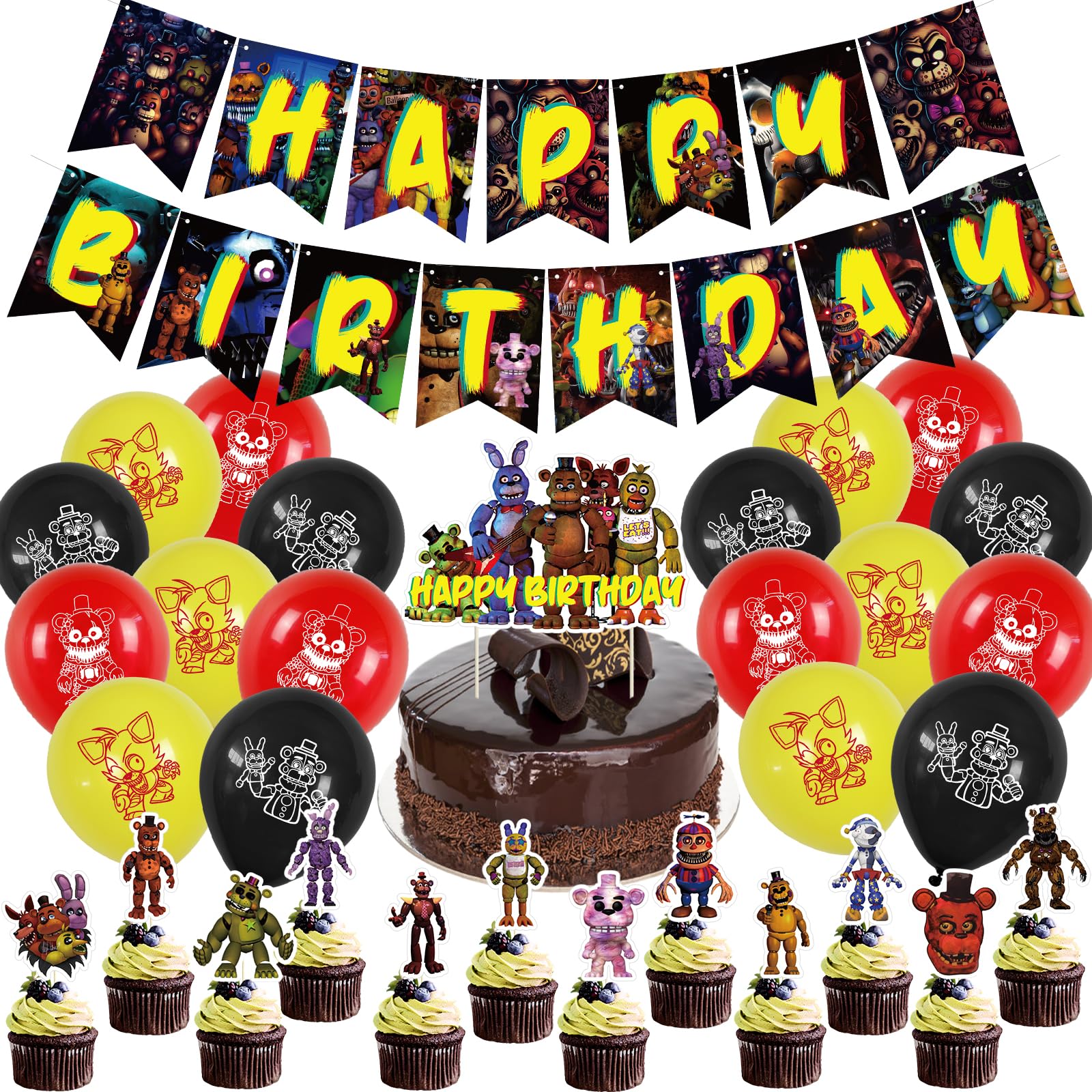 Photo 1 of Freddy's Birthday Party Decorations, 5 Nights Decorations include Banner, Cake Toppers, Balloons for Kids Teens Adults Birthday Party Supplies (Black)