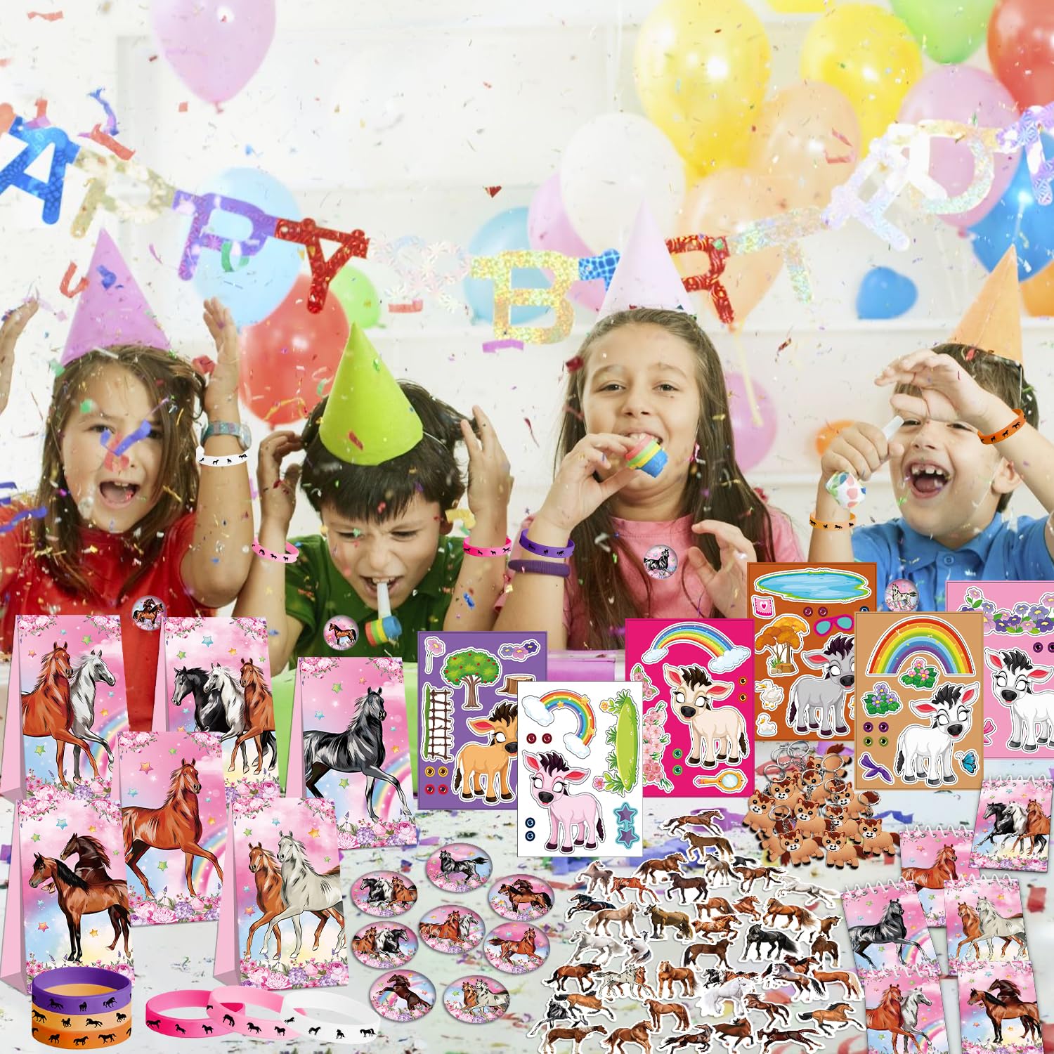 Bomboniere per feste a forma di cavallo rosa, 41 adesivi a forma di cavallo, 12 sacchetti per regali, 12 badge a bottone, 12 portachiavi, 12 mini quaderni, 12 braccialetti in gomma per ragazze, donne