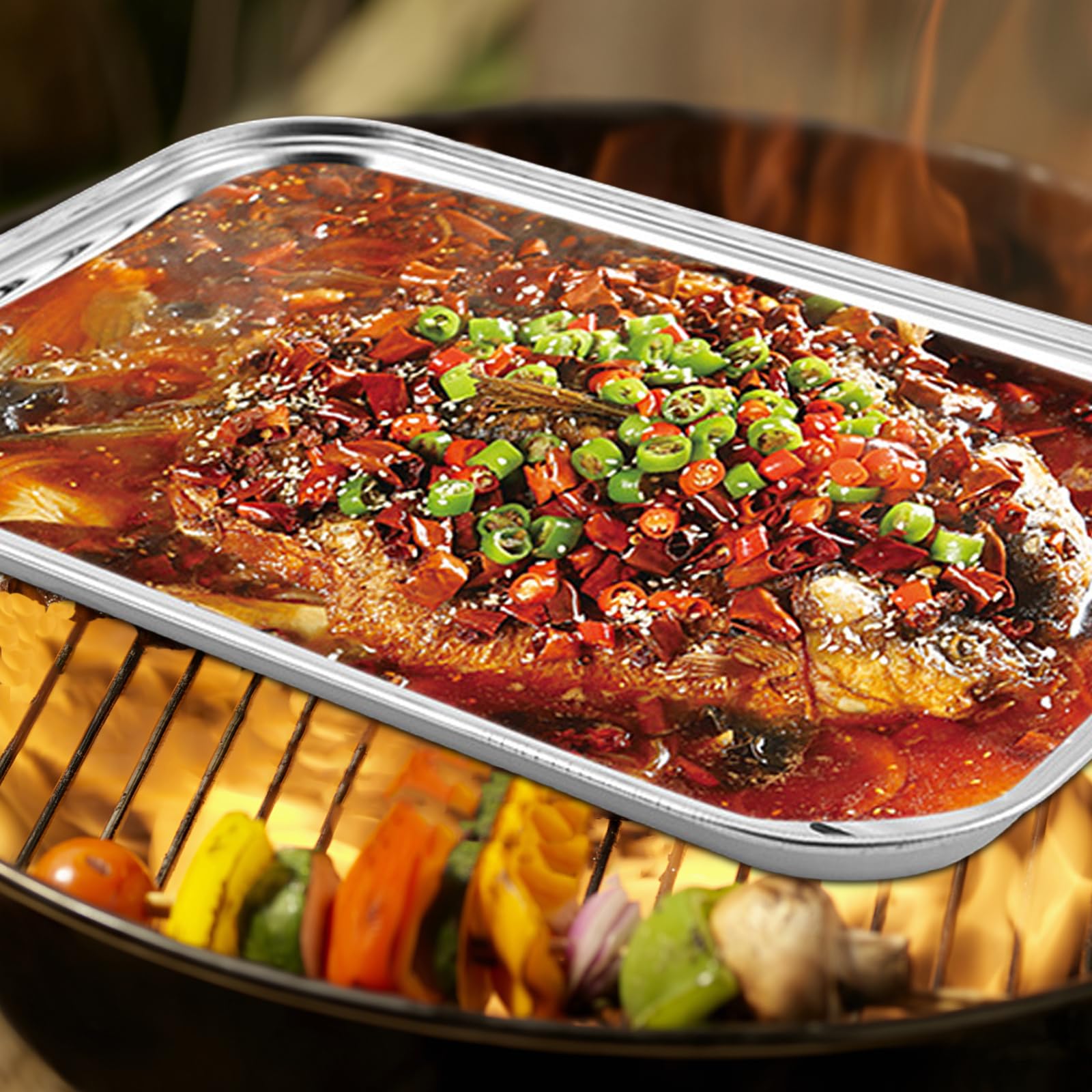 Sporgo Juego de 2 cuencos para barbacoa, acero inoxidable, 34 x 24 cm, reutilizables, con cepillo, accesorios para barbacoa, verduras, pescado, carne, cestas para barbacoa, apto para todas las