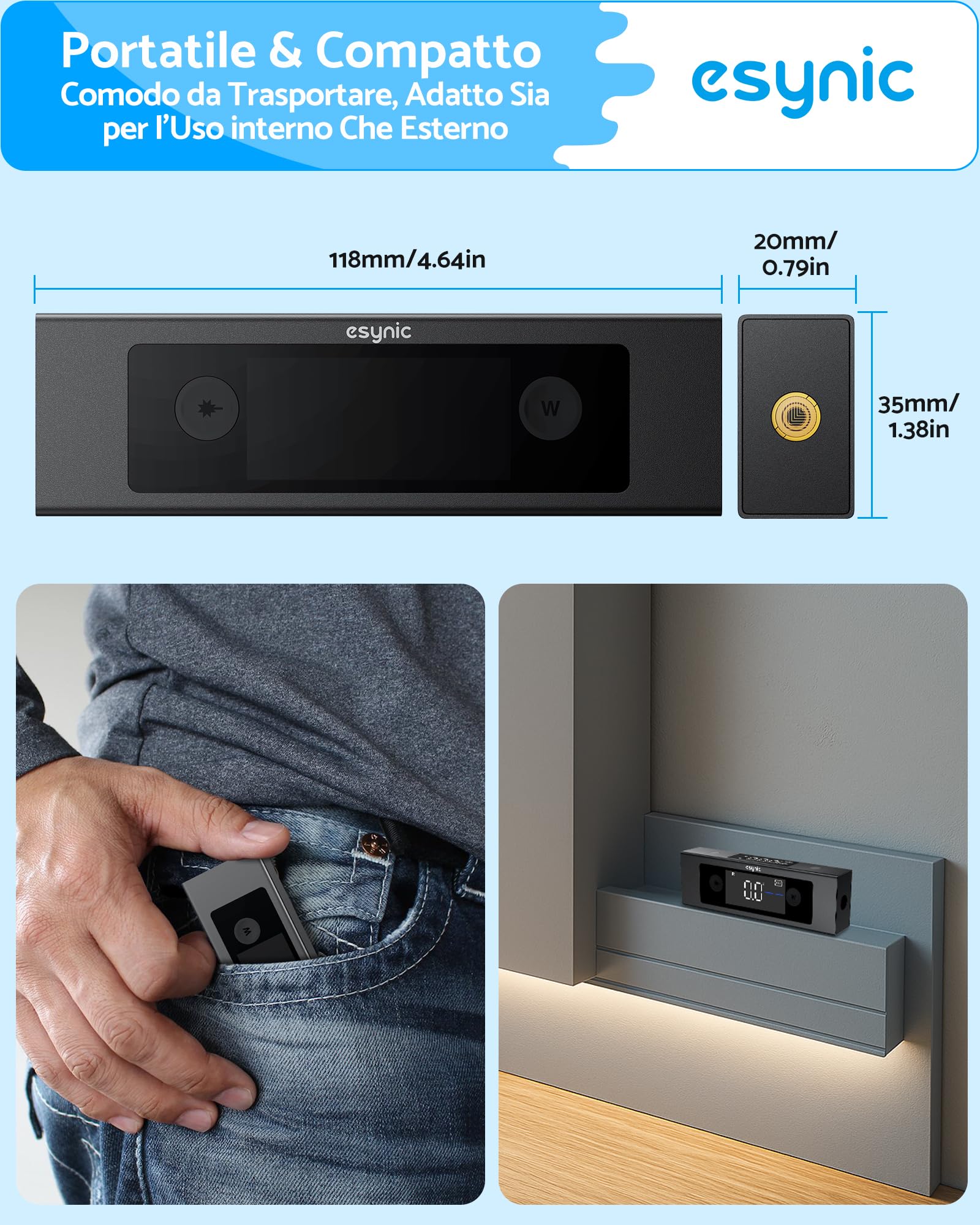 eSynic 4x90°Level Box Digitale con 2 Linee Laser, Doppio LCD Inclinometro Dual Asse X/Y, Base Magnetica, Goniometro Ricaricabile in Lega Alluminio Unità °/% / MM/M per Falegnameria Decorazione - Nero