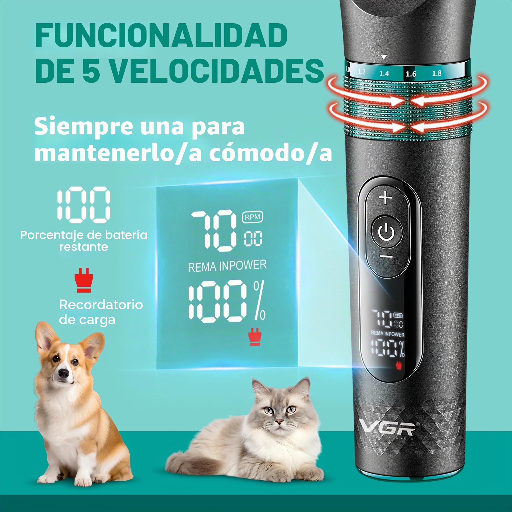 VGR Cortapelos de aseo para perros inalámbricos profesionales para pelo grueso y rizado, kit de pelaje para mascotas, impermeable, batería recargable eléctrica a través de USB-C, cuchillas de
